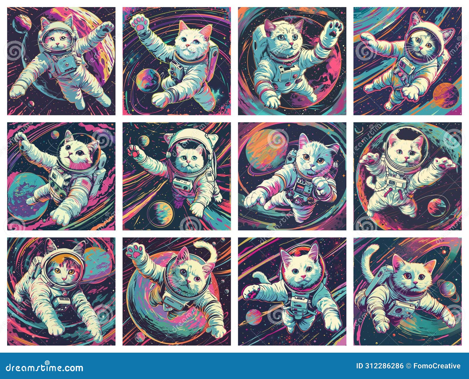 whimsical art depicting felines in space adventures