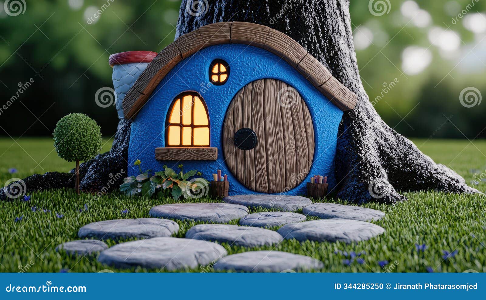 whimsical blue house nestled at base of tree, featuring round door, glowing windows, and charming pathway. this enchanting scene