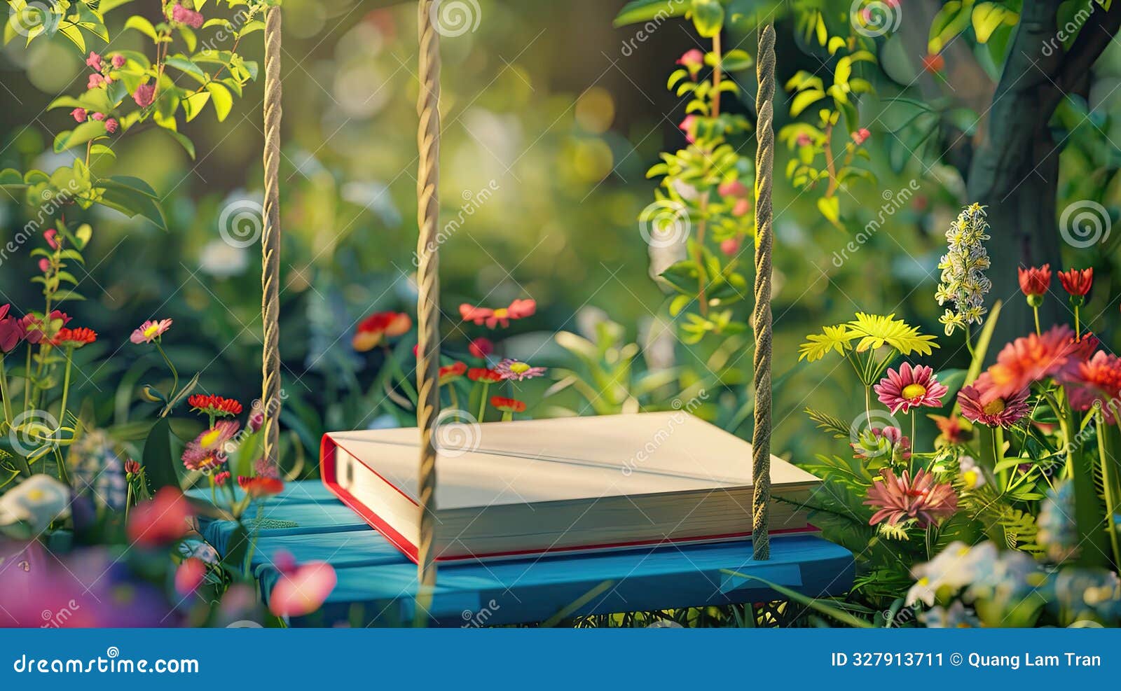 a whimsical book mockup displayed on a colorful swing in a garden generated by ai