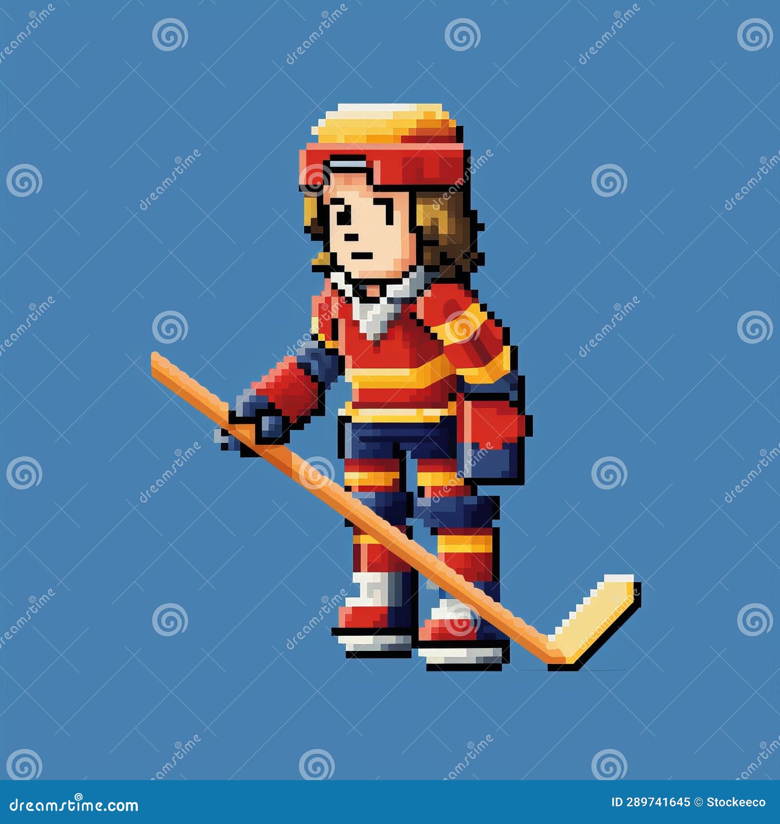 pixel art of hockey player on blue background