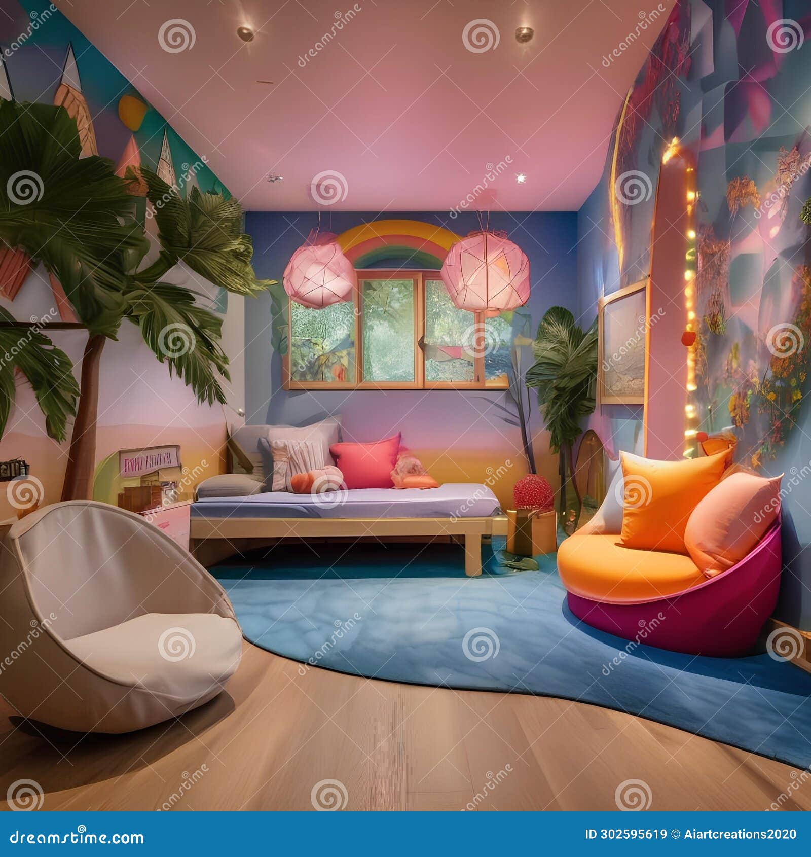 a whimsical childrens room with imaginative play areas, bright colors, and interactive s2