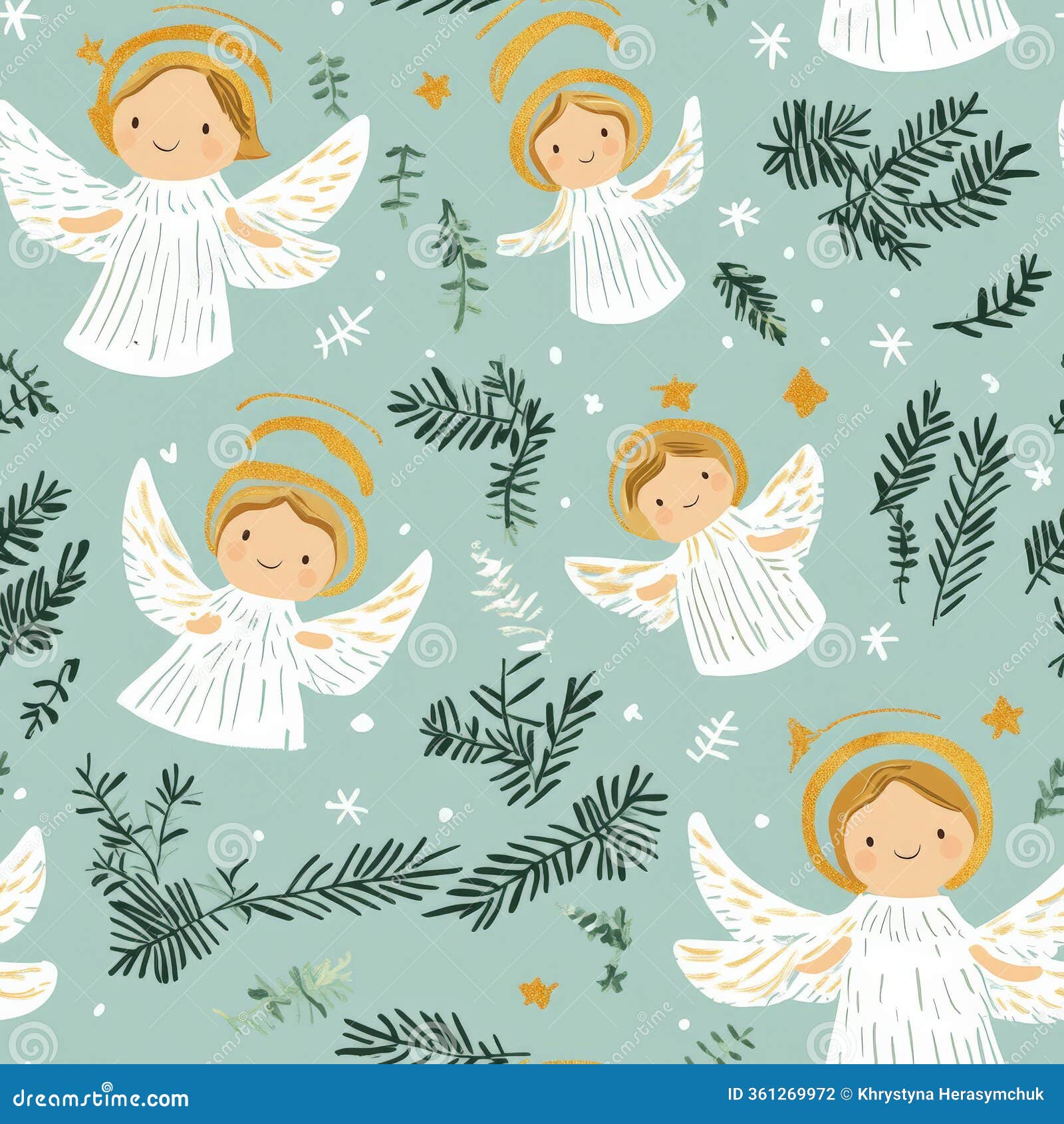 a whimsical christmas angel pattern with golden halos, delicate wings, and festive robes