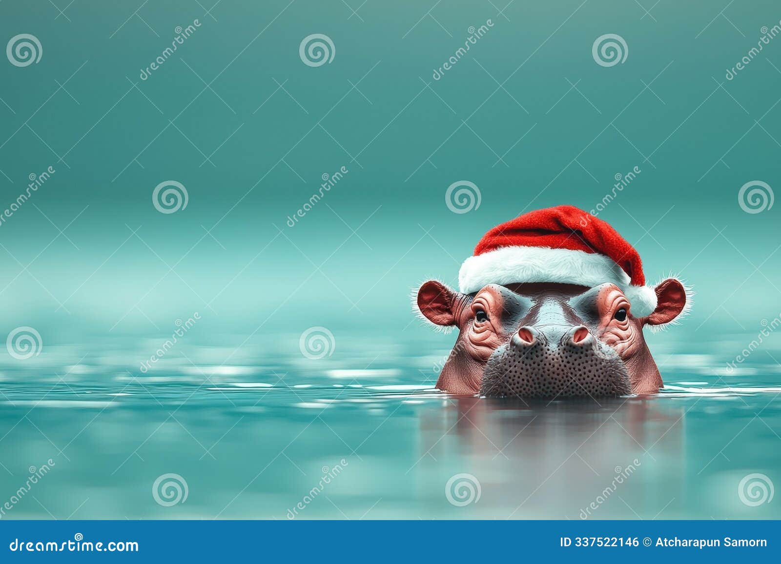 hippo in santa hat lounging in water