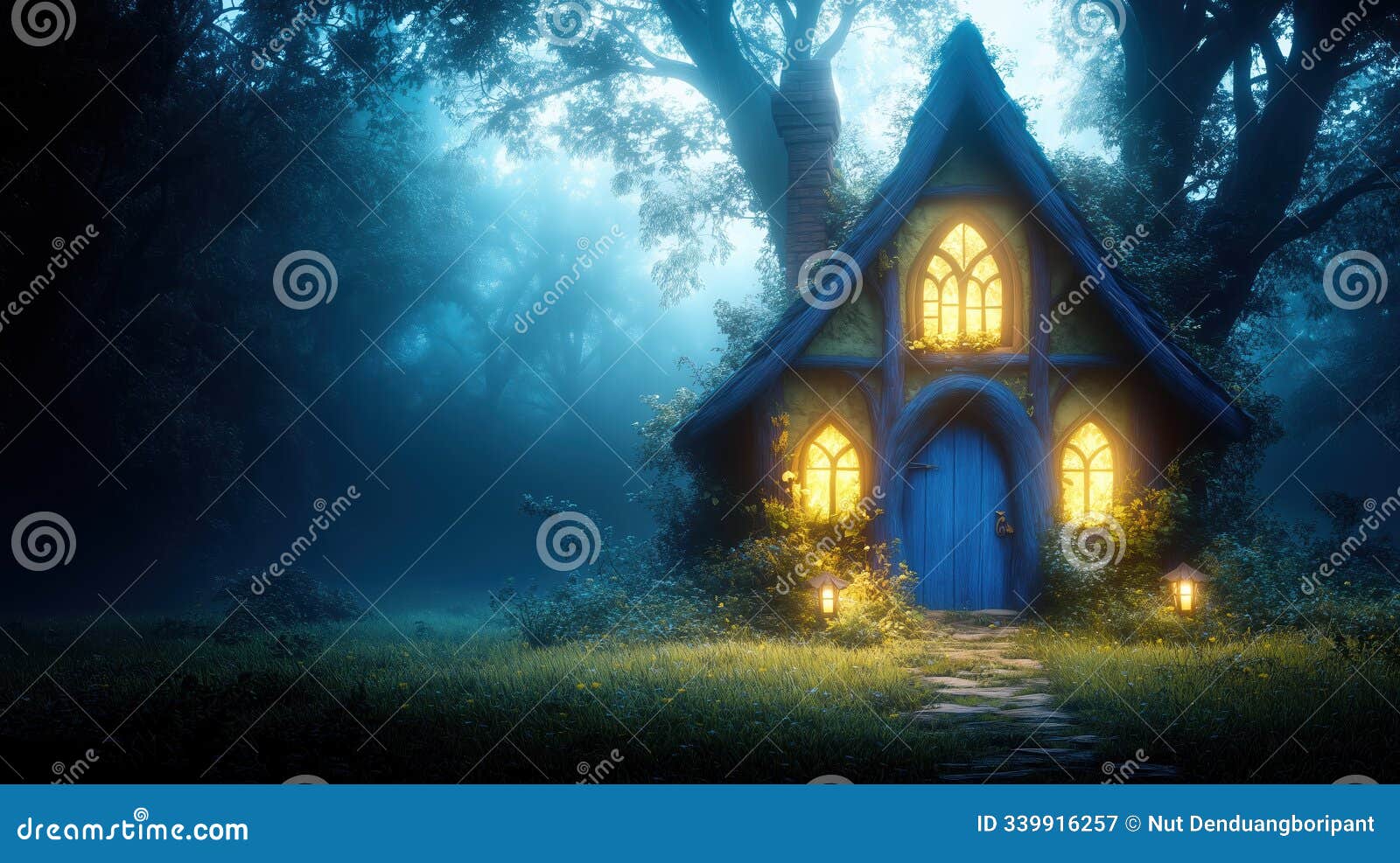 whimsical cottage nestled in misty forest, illuminated by warm lights. enchanting atmosphere evokes sense of magic and tranquility