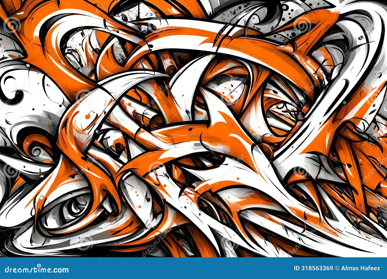 a whimsical doodle art: abstract white, orange, and black background