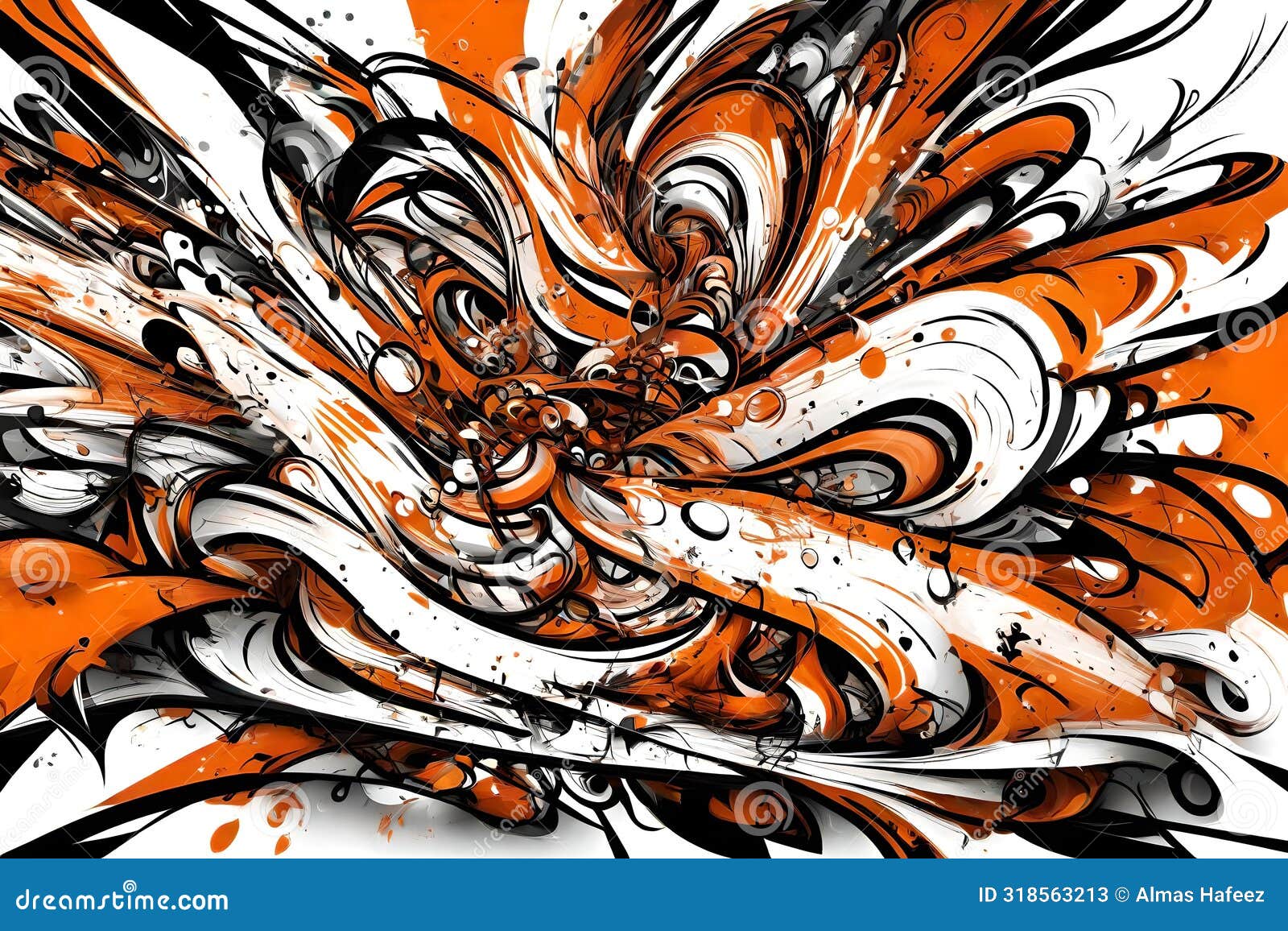 a whimsical doodle art abstraction in white, orange, and black hues