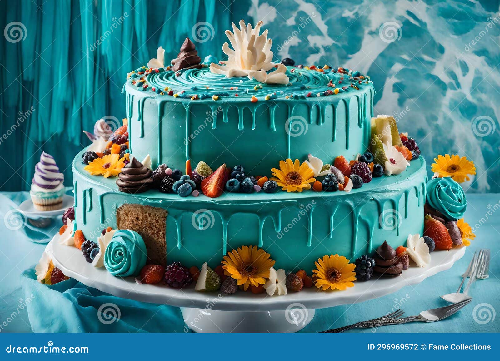 the whimsical essence of a fantastical creature-inspired confection, as the turquoise cream cheese frosting delicately