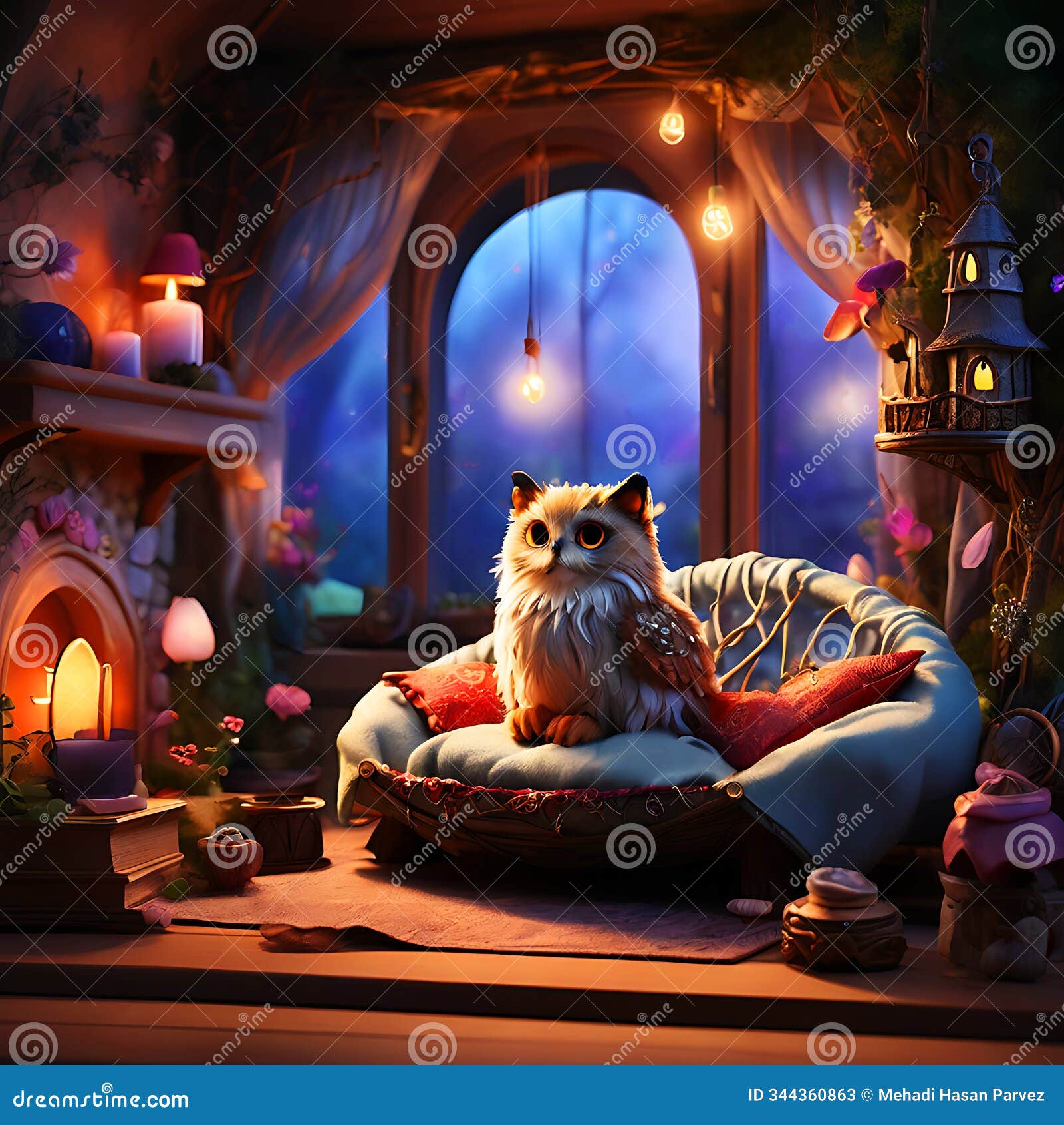 beautiful owl cat in enchanted fairy house