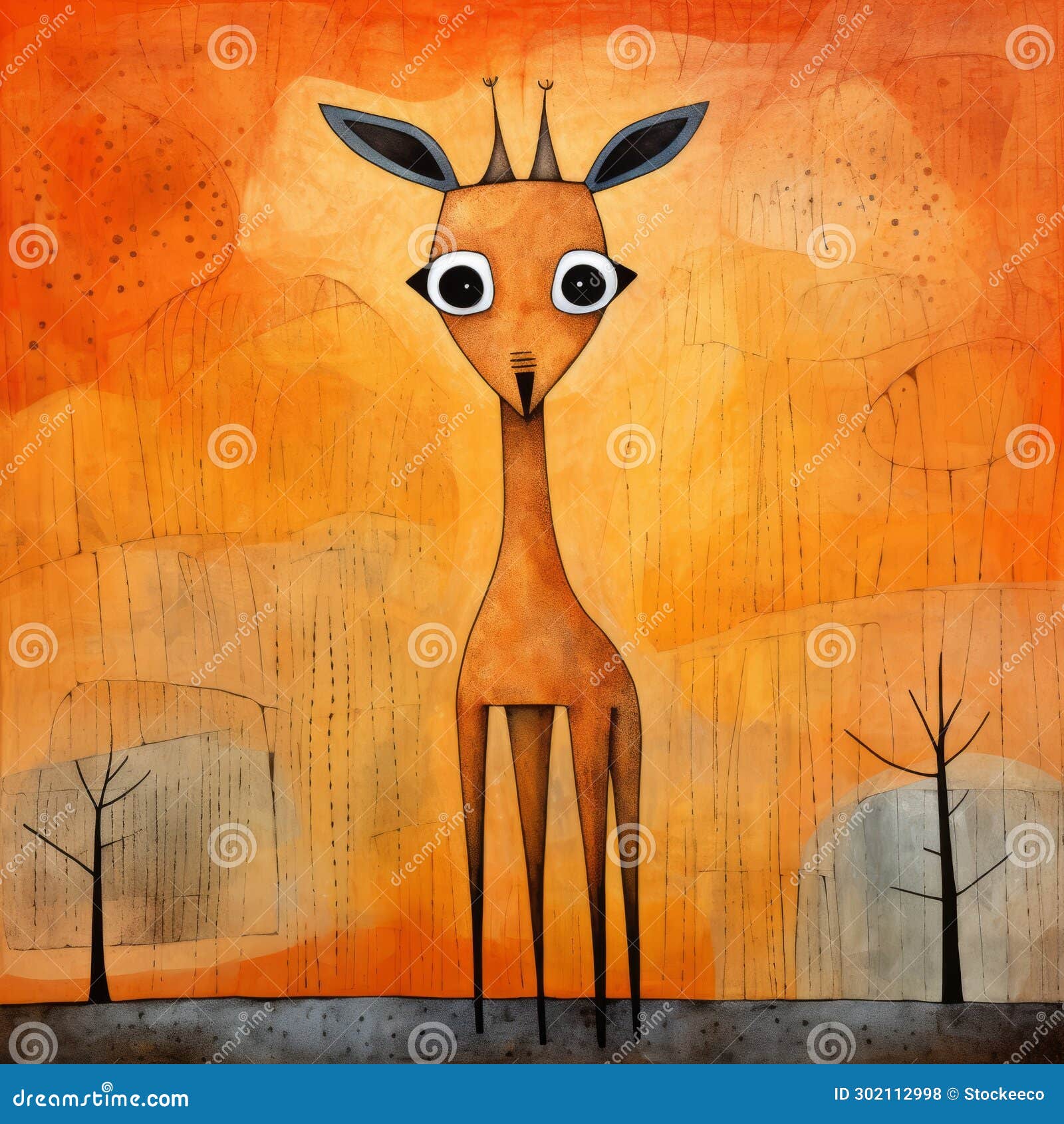 whimsical orange giraffe painting in the style of goro fujita