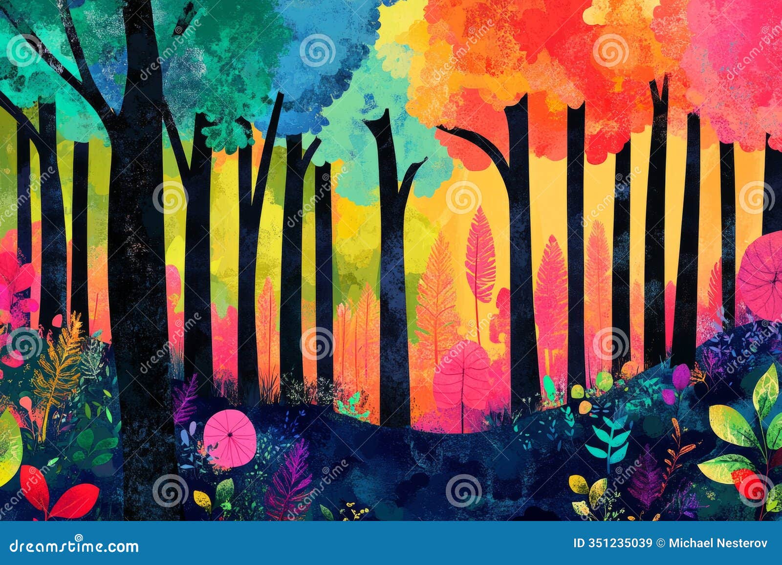whimsical forest scene with vibrant, colorful trees and lush undergrowth, creating a magical and enchanting atmosphere