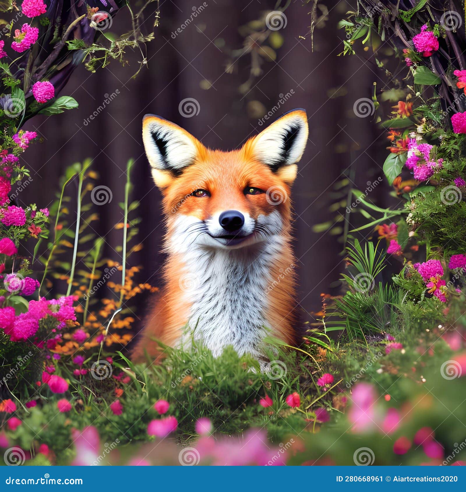 a whimsical fox with antlers made of blooming flowers, camouflaged in a magical forest2, generative ai