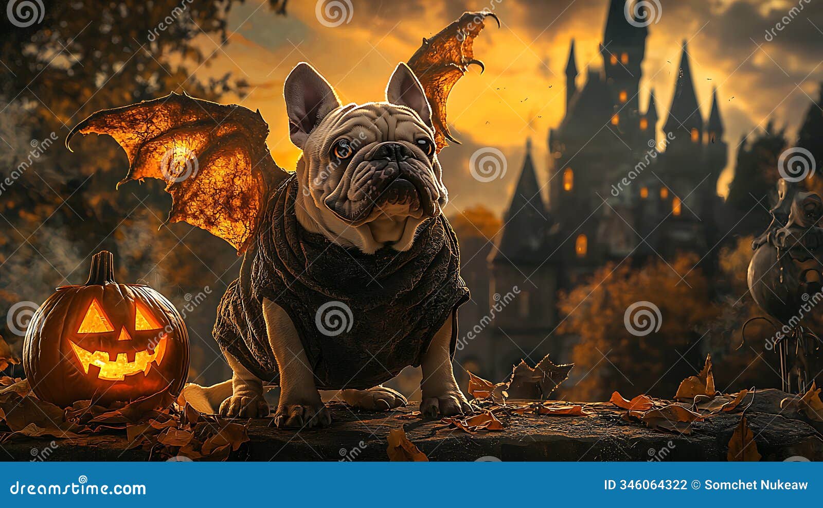 whimsical french bulldog with bat wings posing next to a carved pumpkin against a spooky castle backdrop during halloween