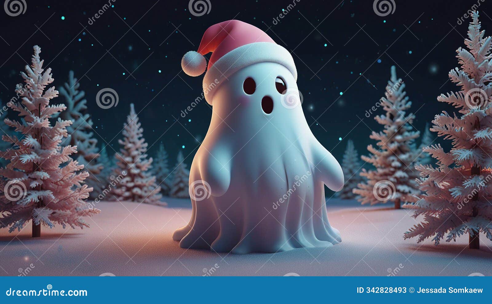 whimsical ghost in santa hat in winter wonderland