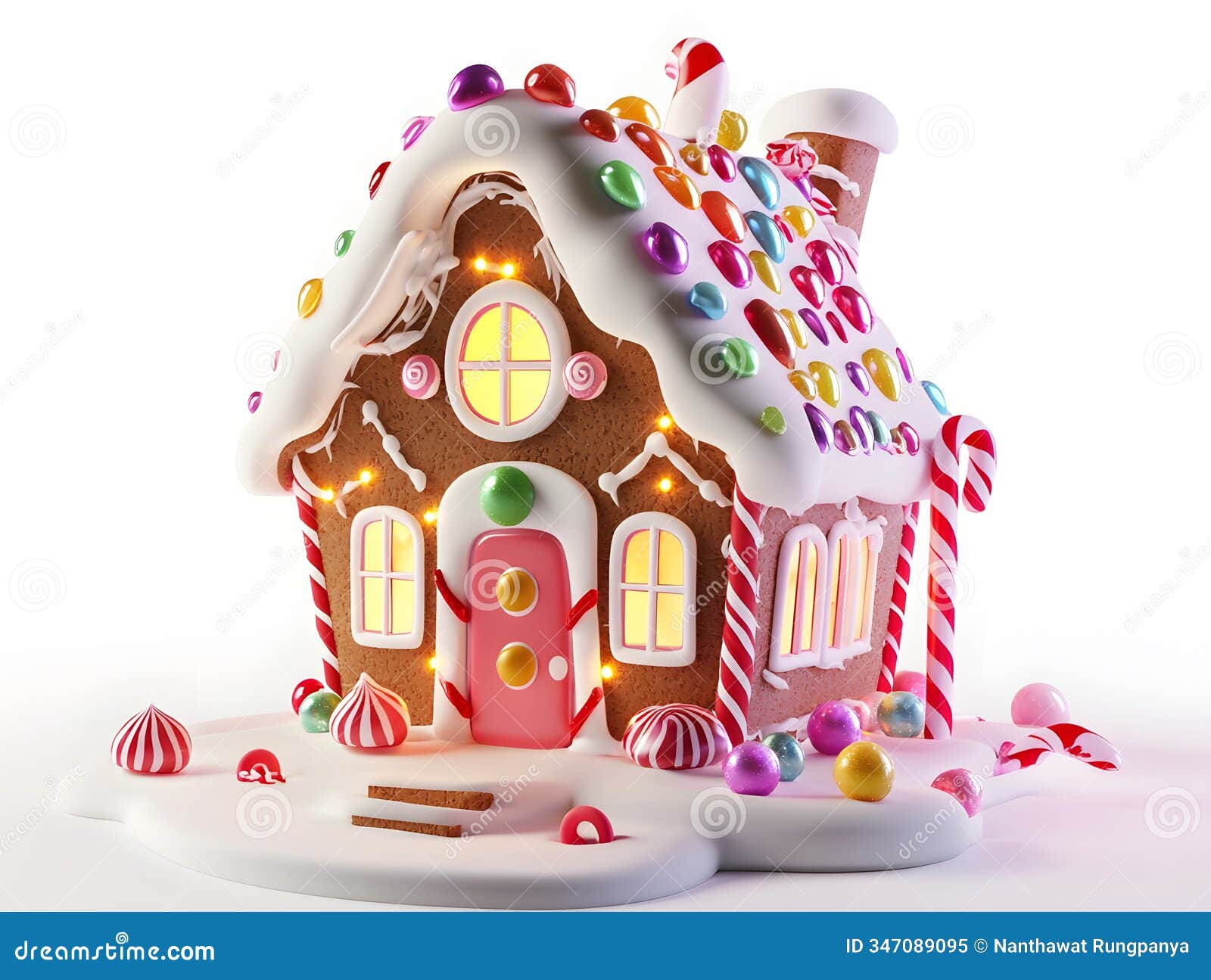 3d animation style of a whimsical gingerbread house decorated with frosting, candy canes, gumdrops, and glowing windows.