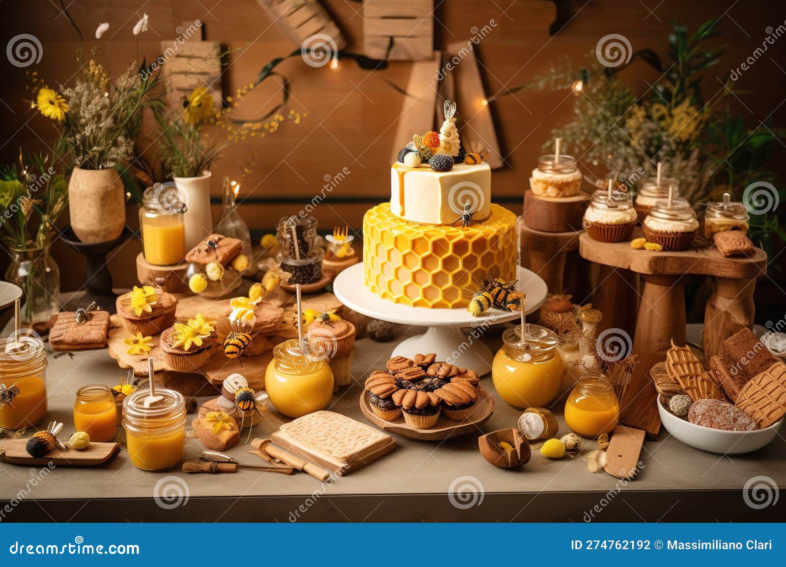 a whimsical, honey inspired dessert scene, showcasing a variety of mouthwatering sweets, bee-themed party atmosphere. generative