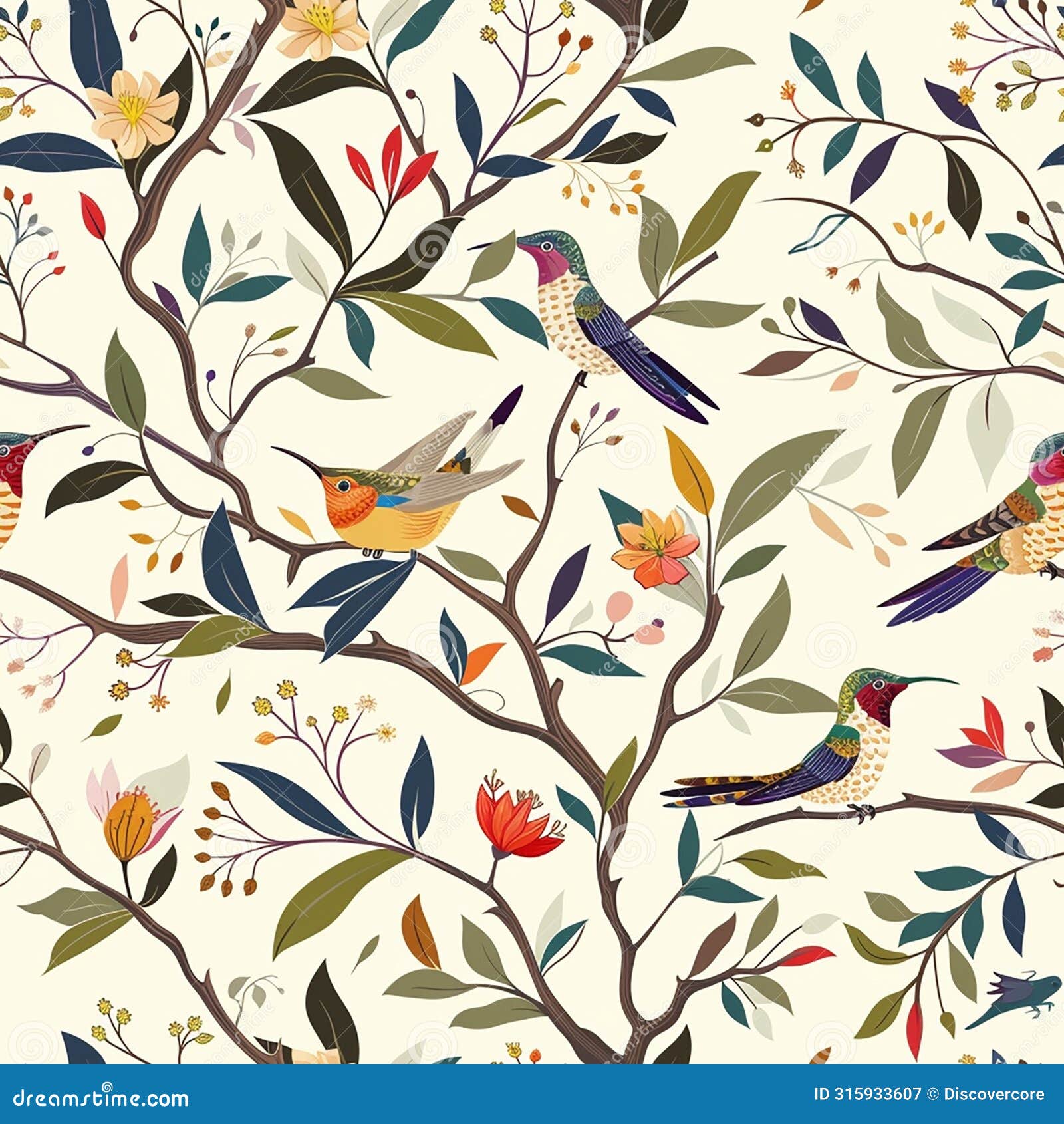 whimsical hummingbird garden seamless pattern tile