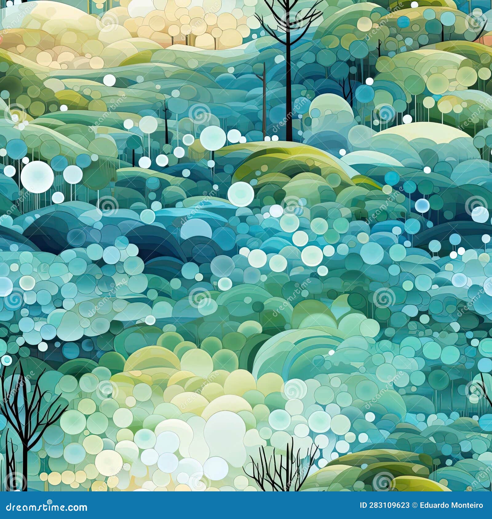 Whimsical Illustration of a Water and Tree Forest (tiled) Stock