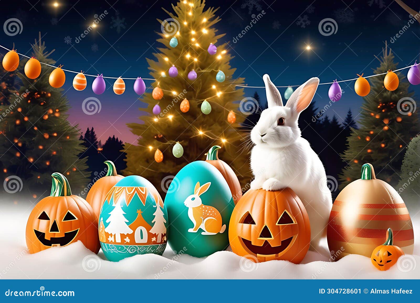 whimsical juxtaposition: rabbit in easter attire surrounded by pastel eggs in a playful composite image
