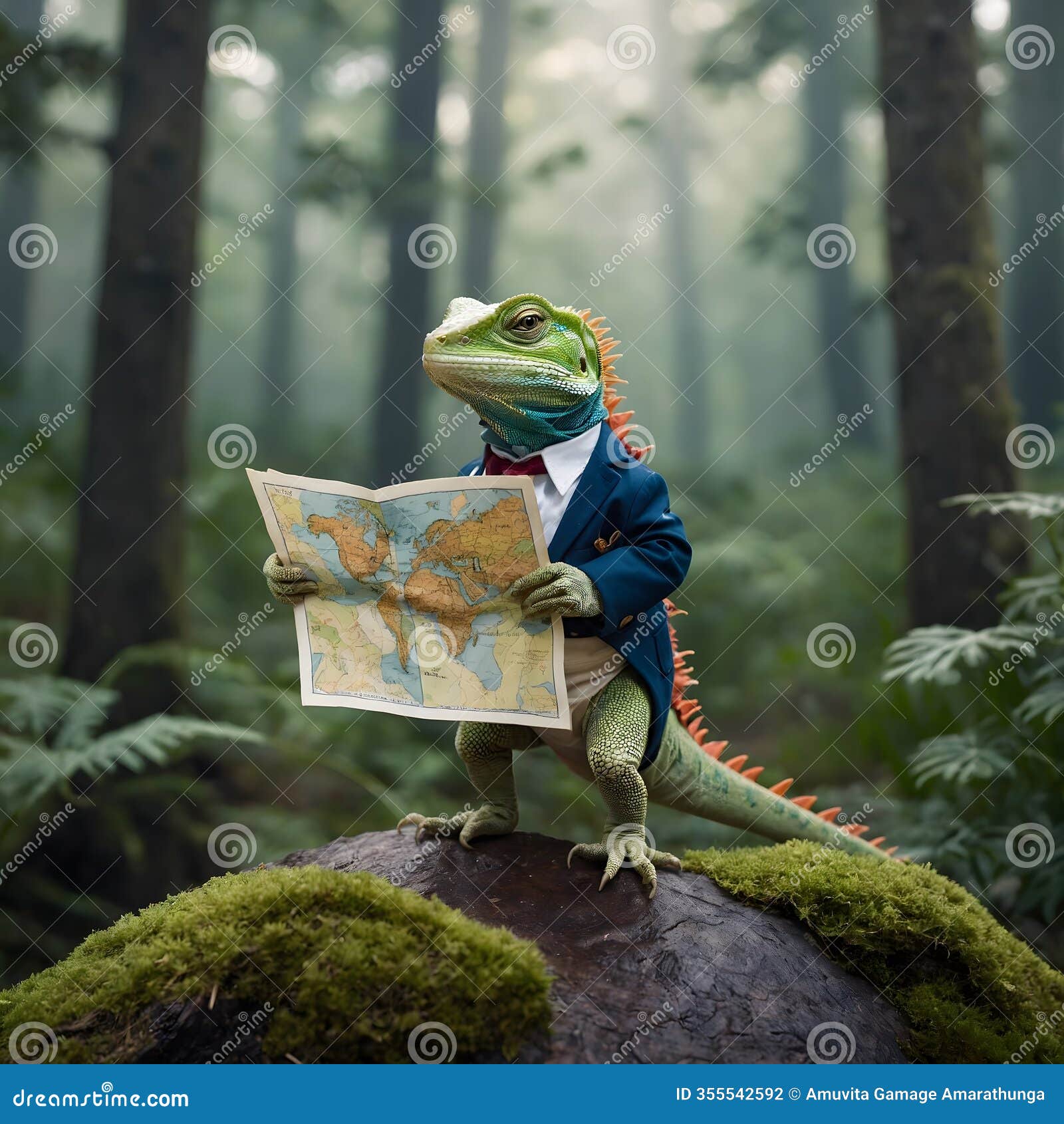 whimsical lizard adventurer holding a map, exploring a mystical forest