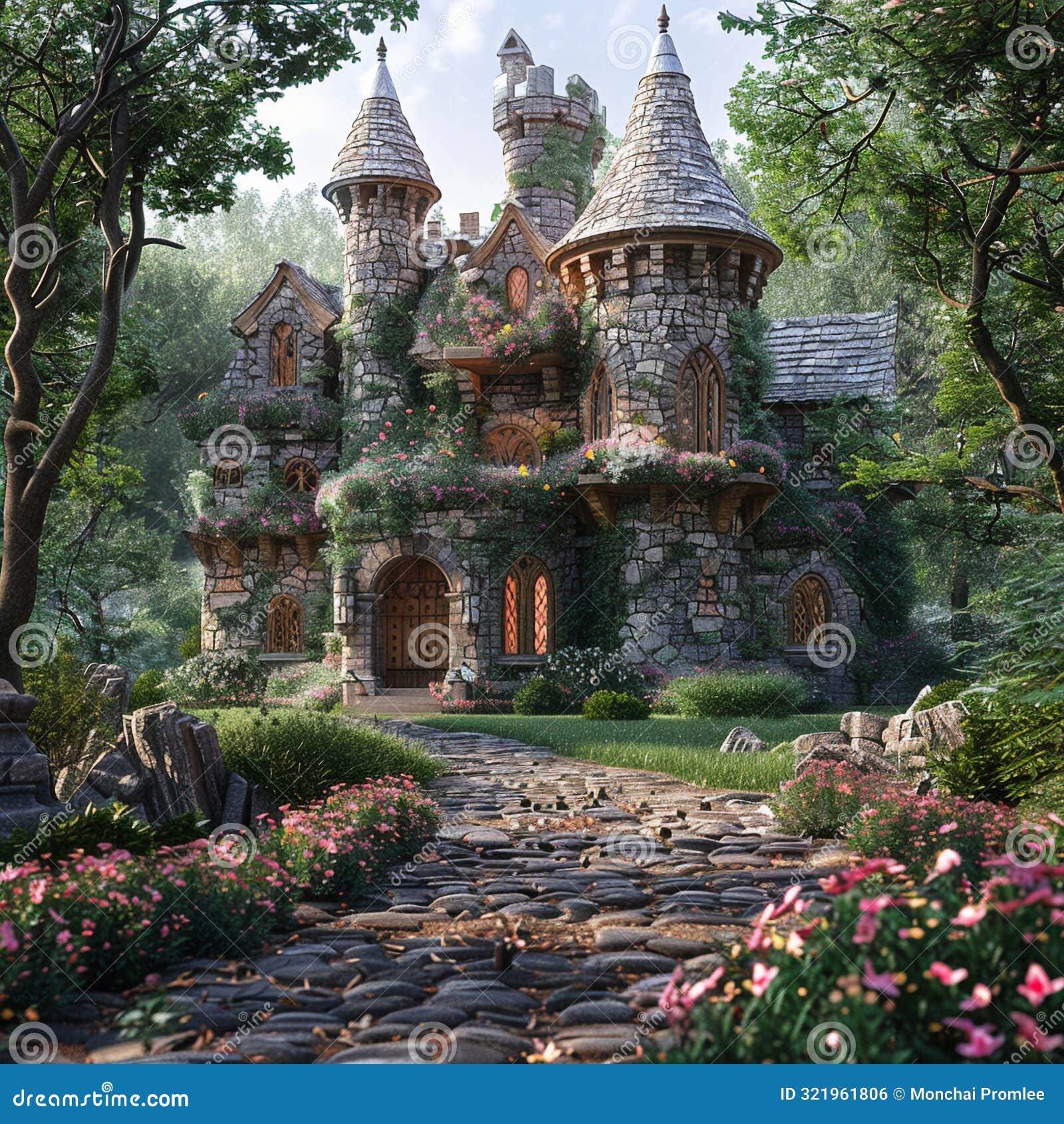 whimsical medieval castle surrounded by lush gardens and supported by grand stone flying buttresses, focus on fairy-tale charm