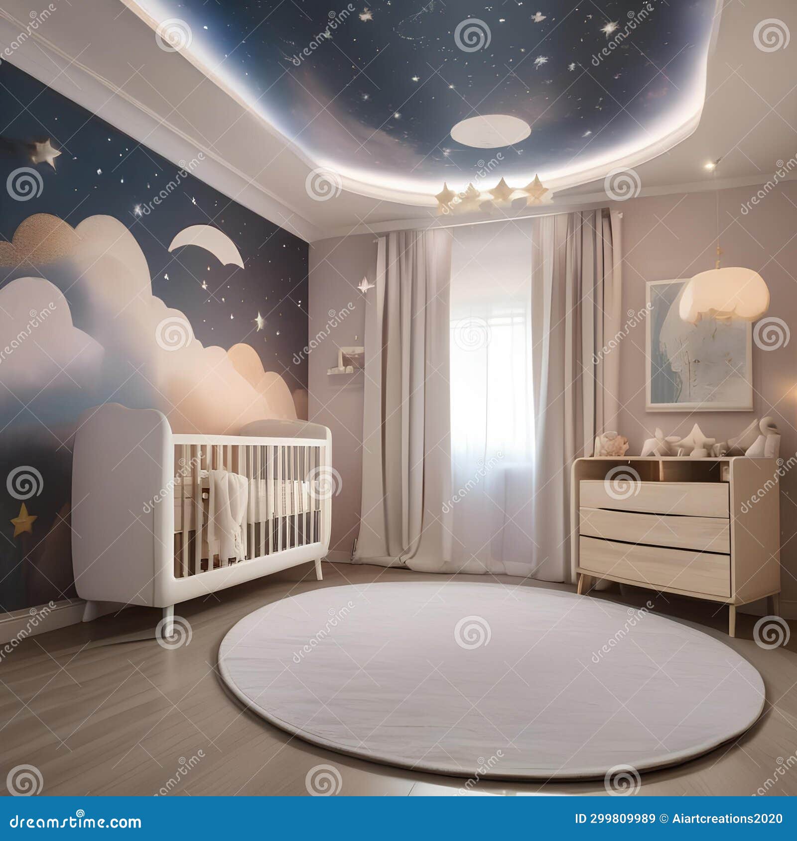 a whimsical nursery with a celestial-themed mural, hanging mobiles, and soft pastel colors1