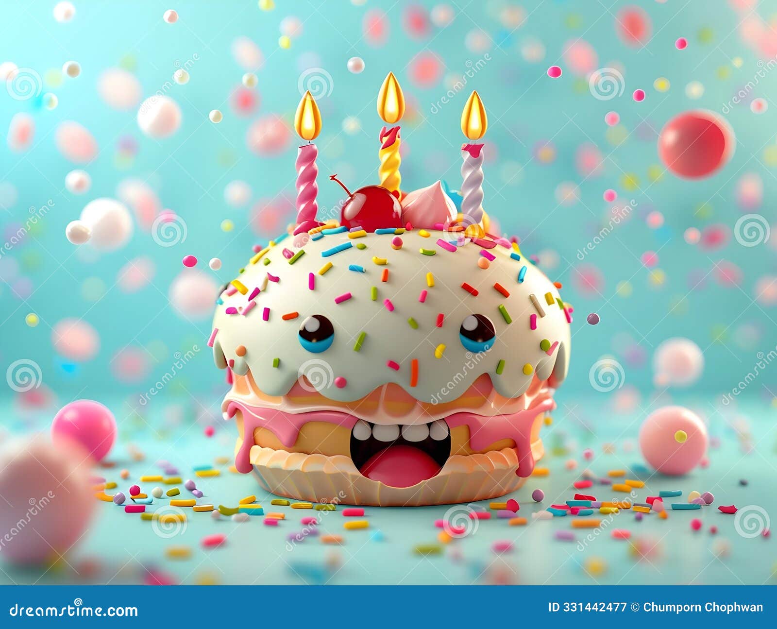 whimsical and playful 3d rendered birthday cake with colorful frosting and sprinkles