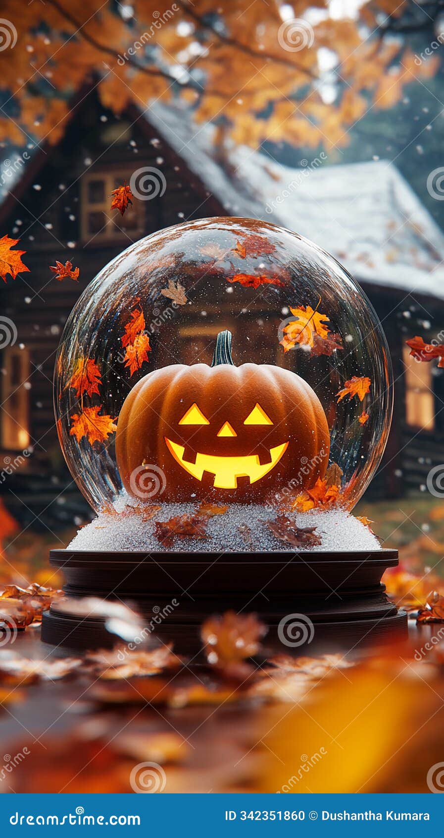 pumpkin with a happy face inside a snow globe