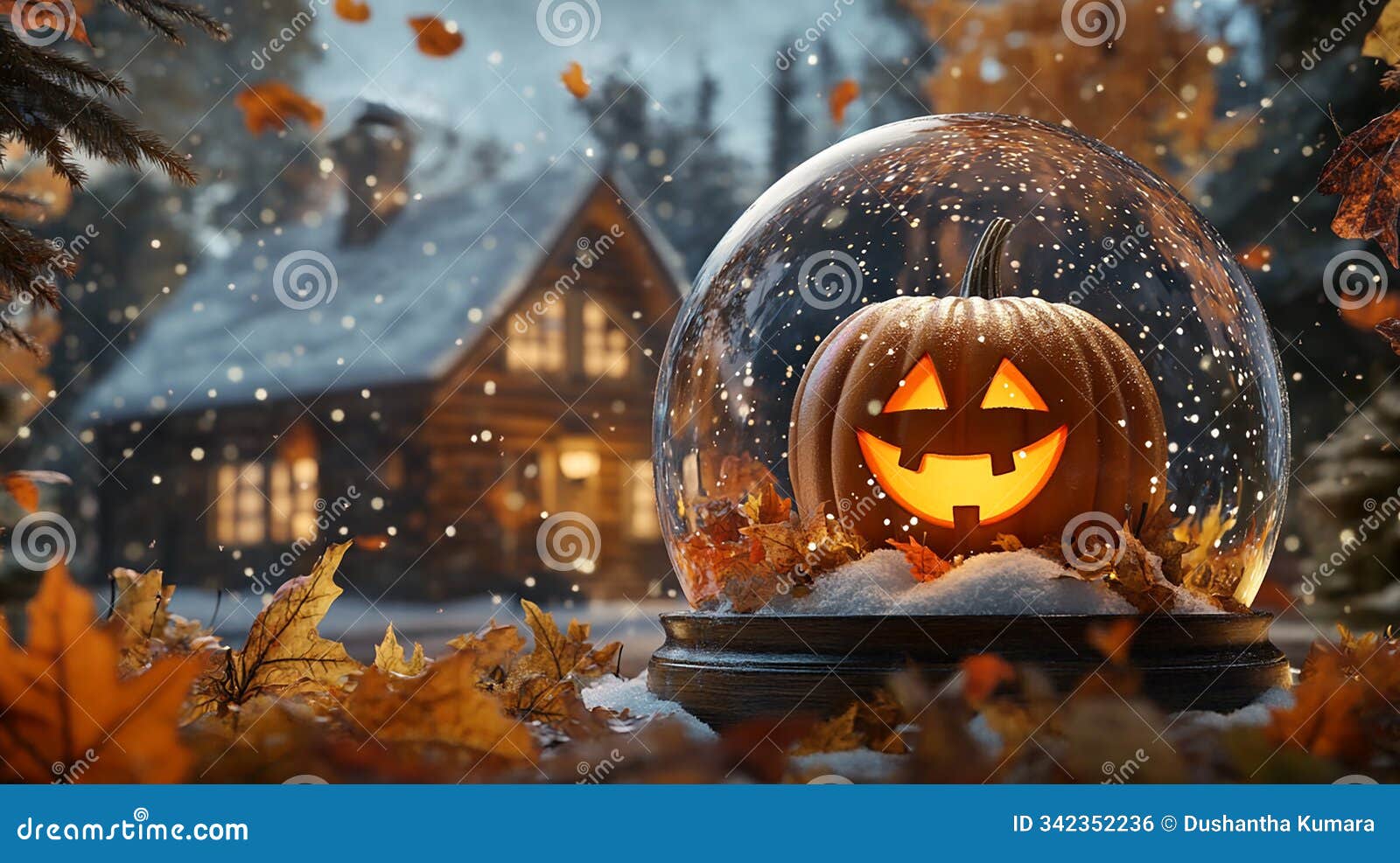 pumpkin with a happy face inside a snow globe