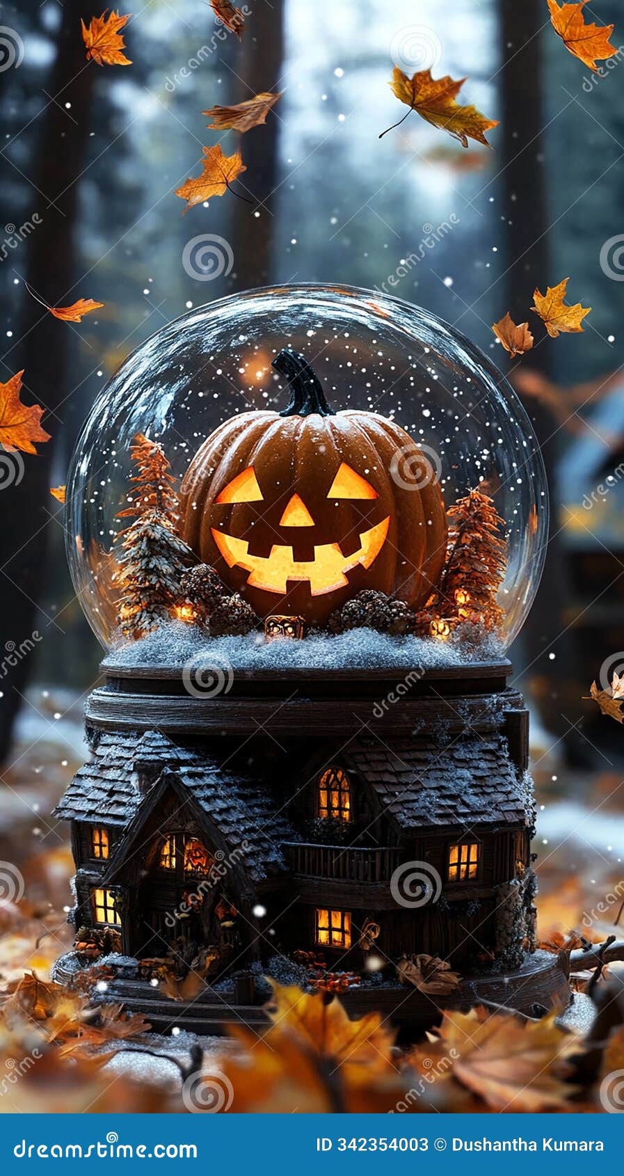pumpkin with a happy face inside a snow globe