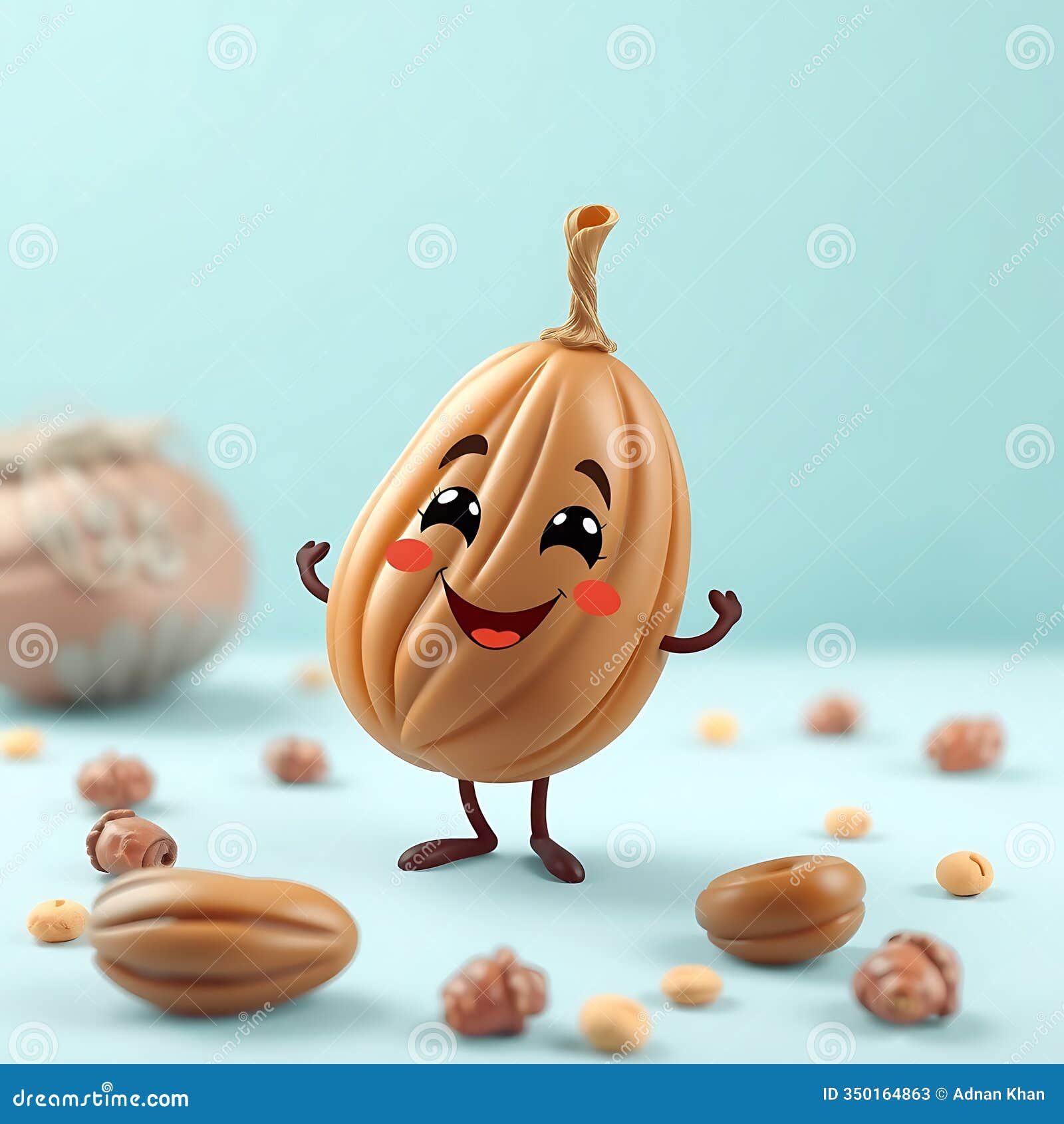 a whimsical scene featuring a smiling dried date cartoon on a pastel blue background