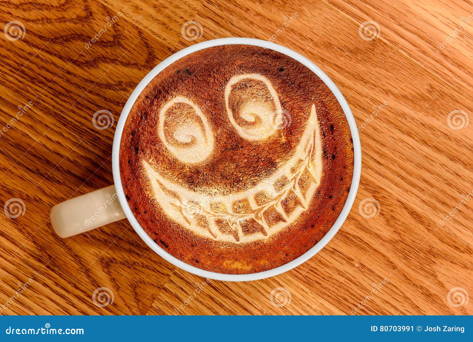 Whimsical Smiley Face Latte Art on Wood Surface Stock Image - Image of