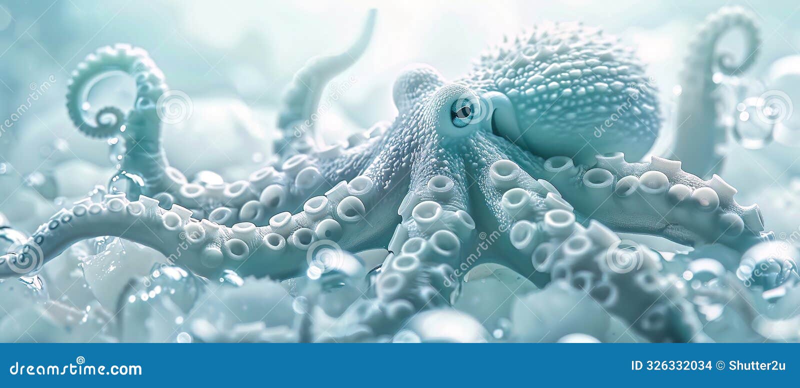 a whimsical snow octopus tentacles curling playfully underwater scene with bubbles copy space above