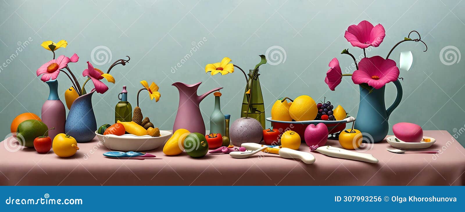 whimsical still life. focusing on playful arrangements, color contrasts, and storytelling s. generative ai.