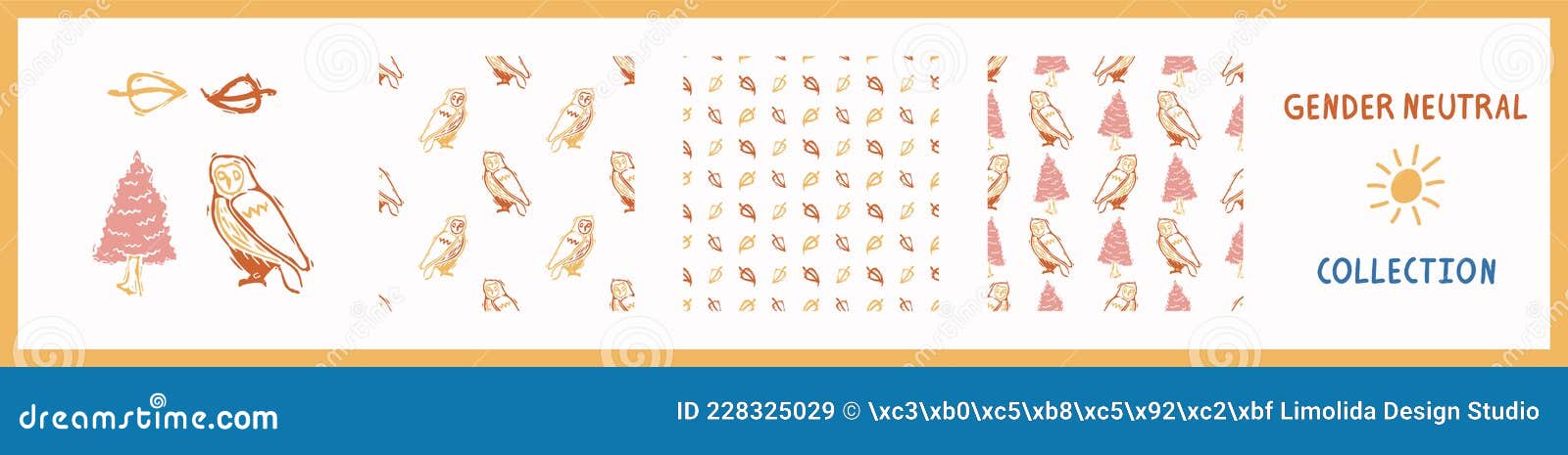 whimsical style block print  owl pattern set. seamless lino cut retro all over print collection. trendy playful