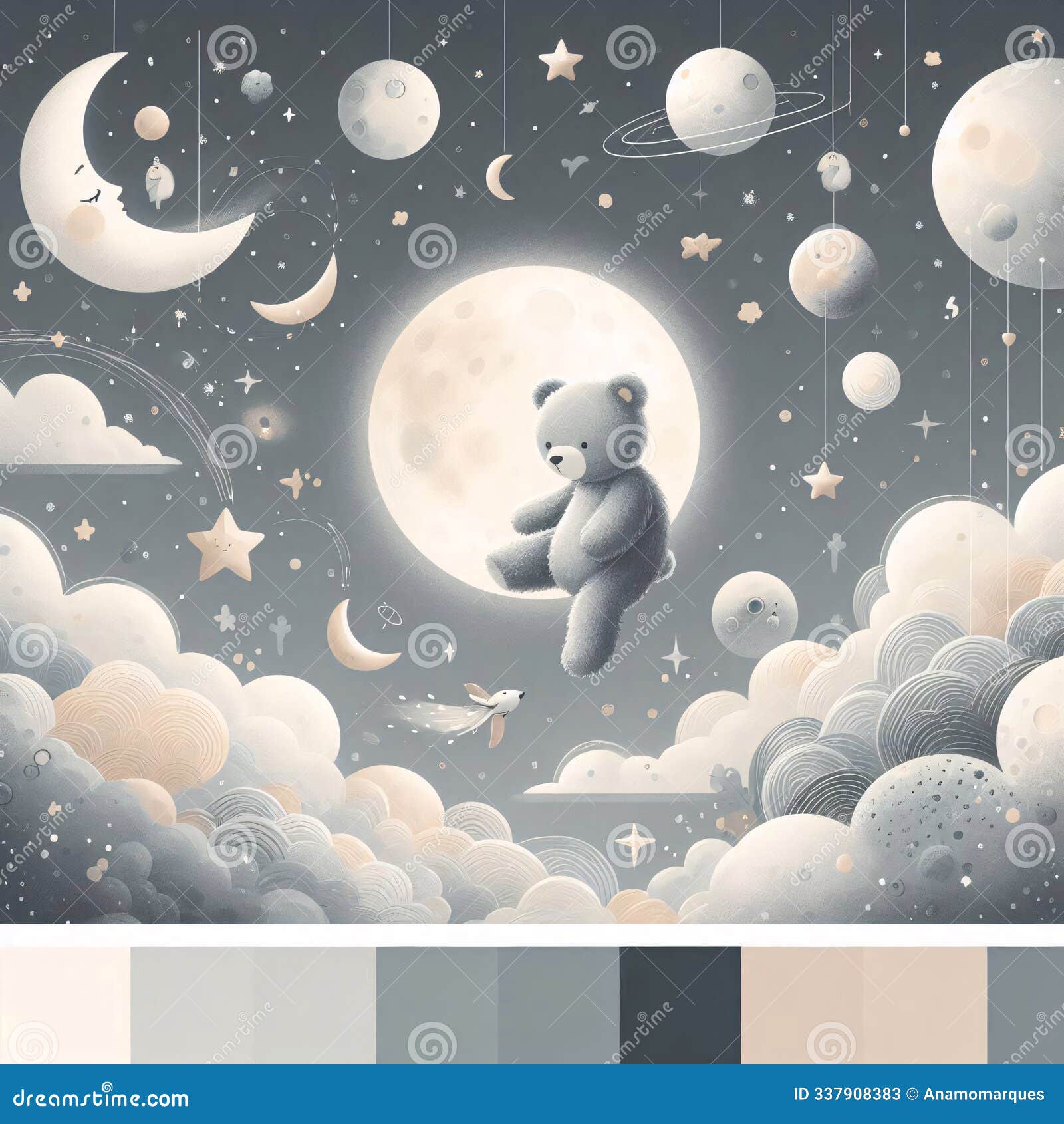 a whimsical teddy bear floats in a dreamy space scene with planets and stars. generative ai