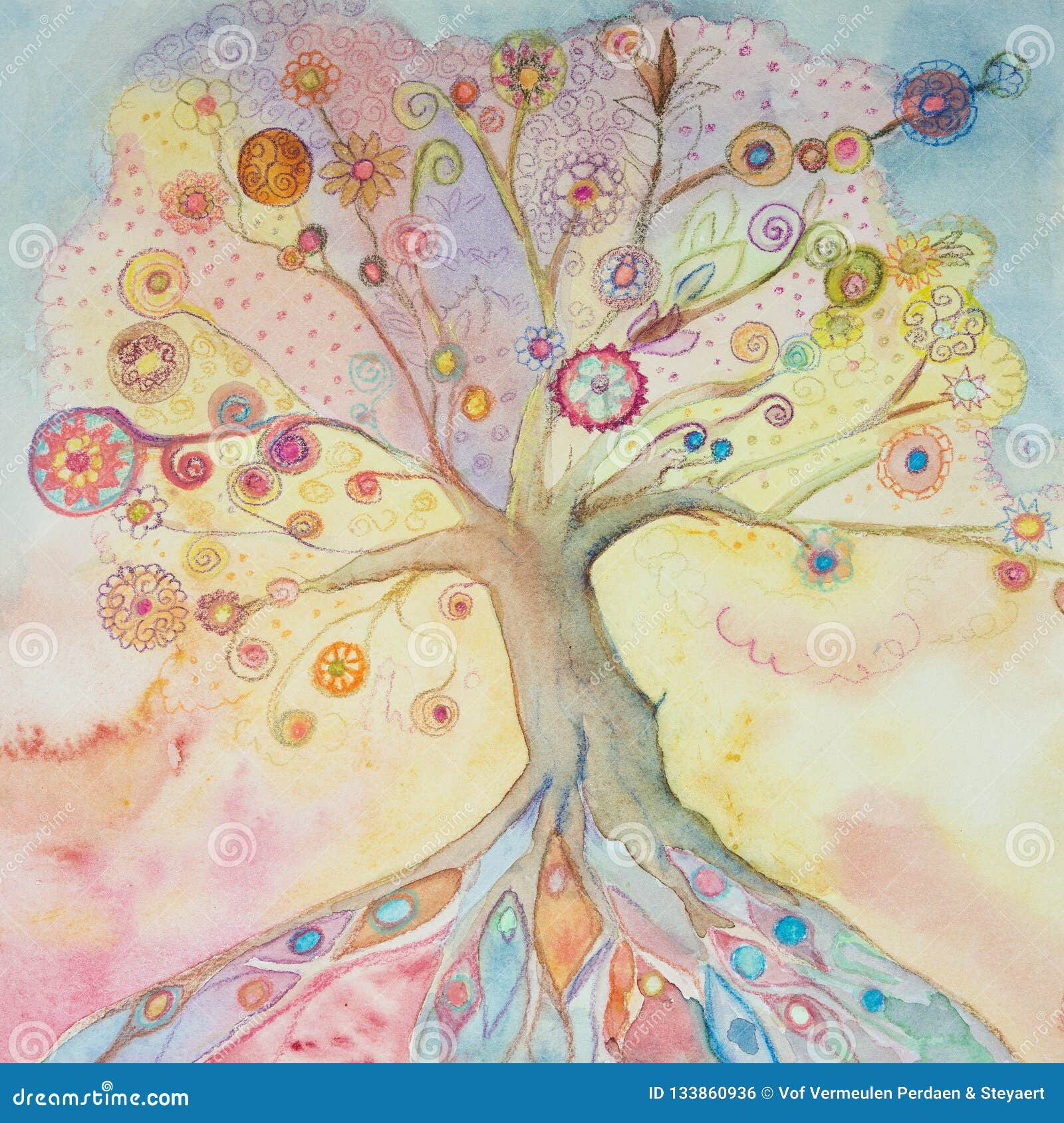 whimsical tree of life with pastel colors.