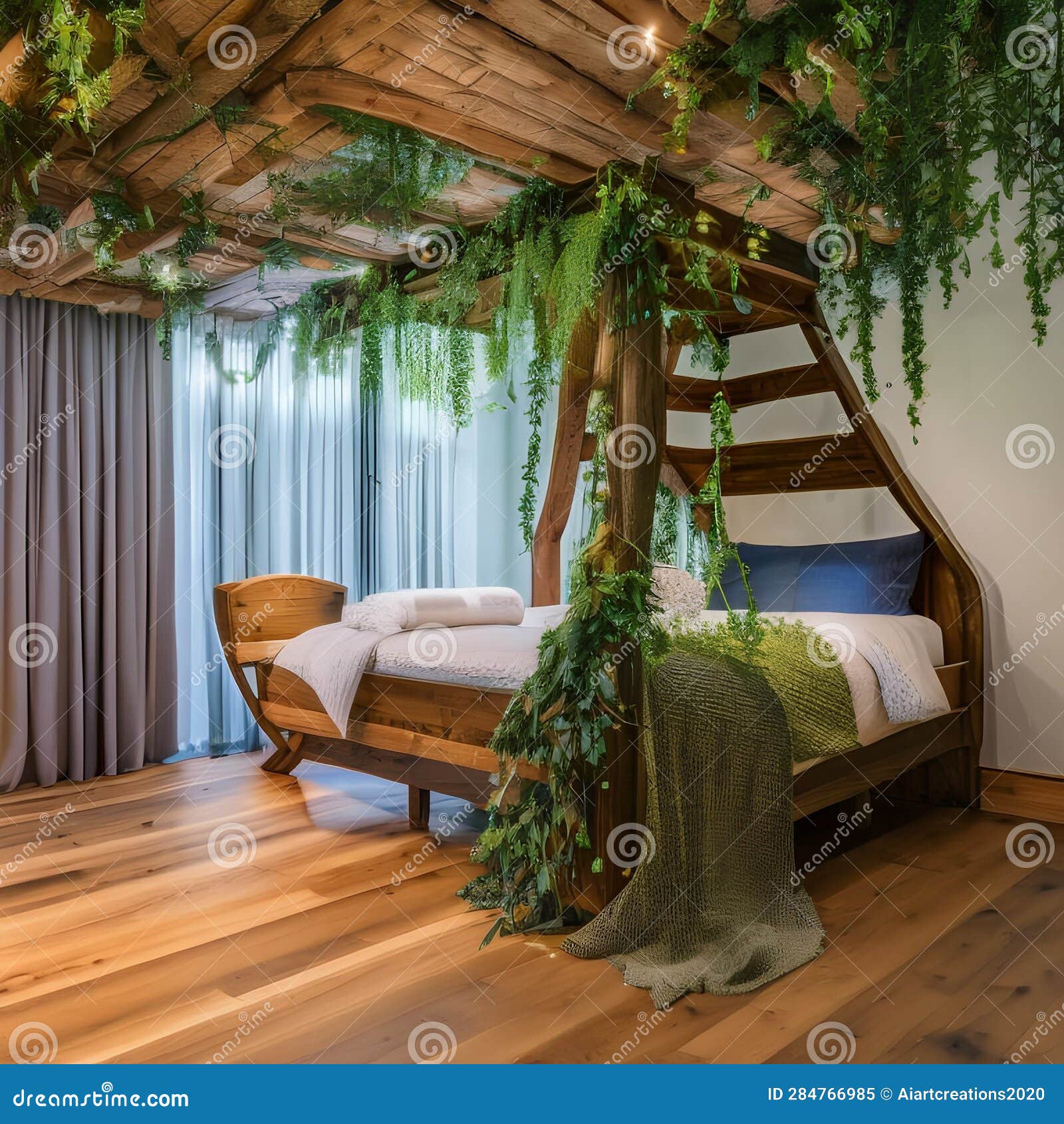 A Whimsical Treehouse Bedroom with a Canopy Bed Suspended from