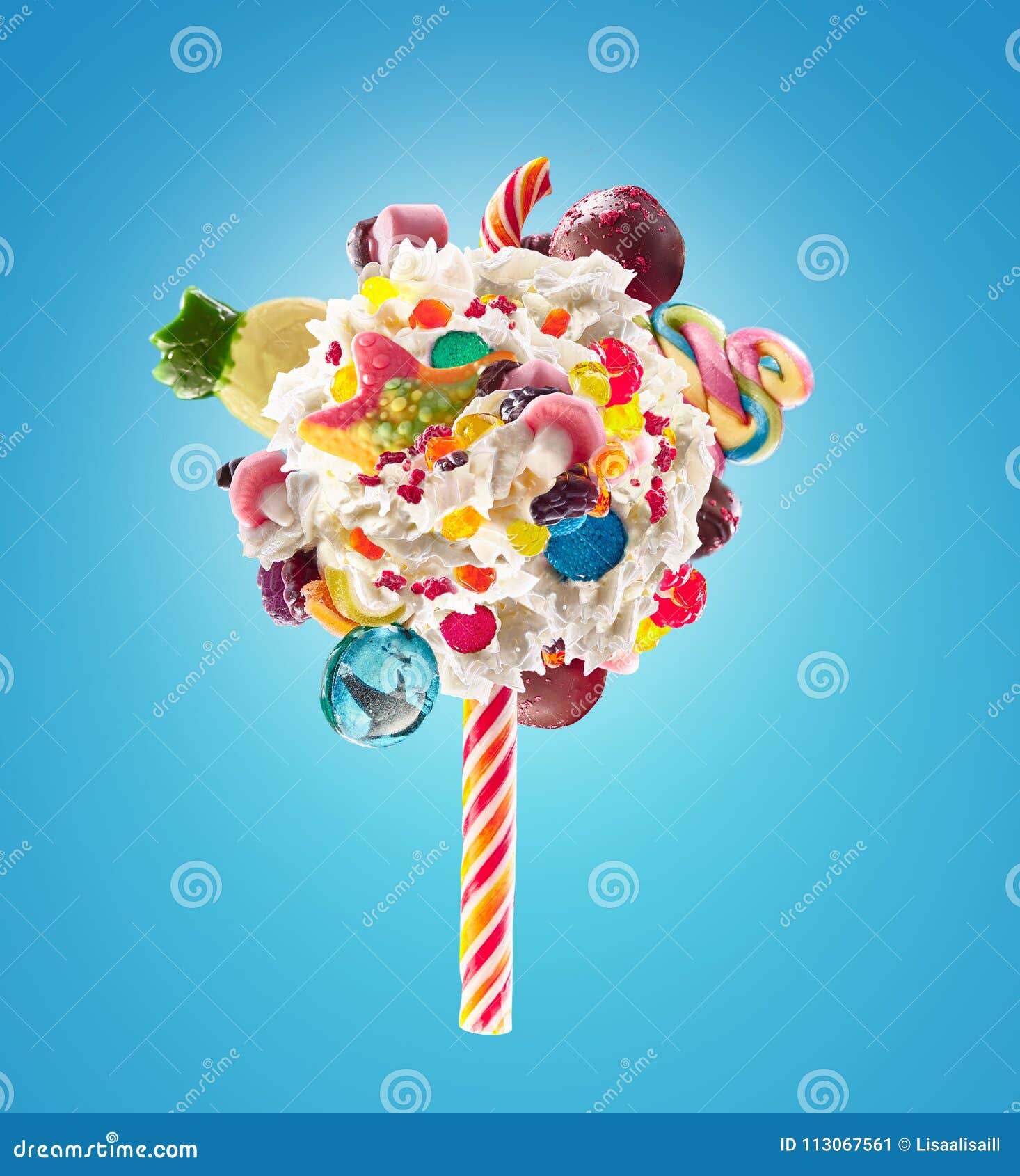 whipped chantilly cream lolipop concept. round whipped milk shake cream like lollipop with candy, sweets and candy on