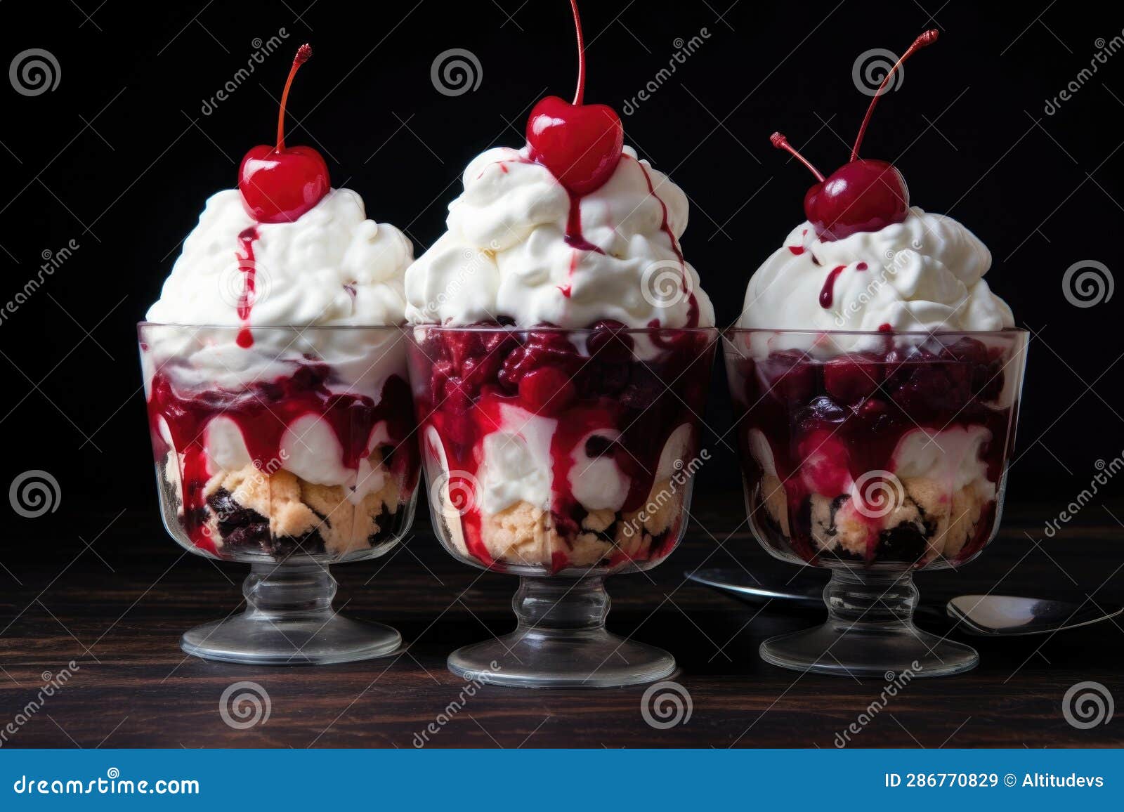 Whipped Cream and Cherries Atop Ice Cream Sundaes Stock Image Image