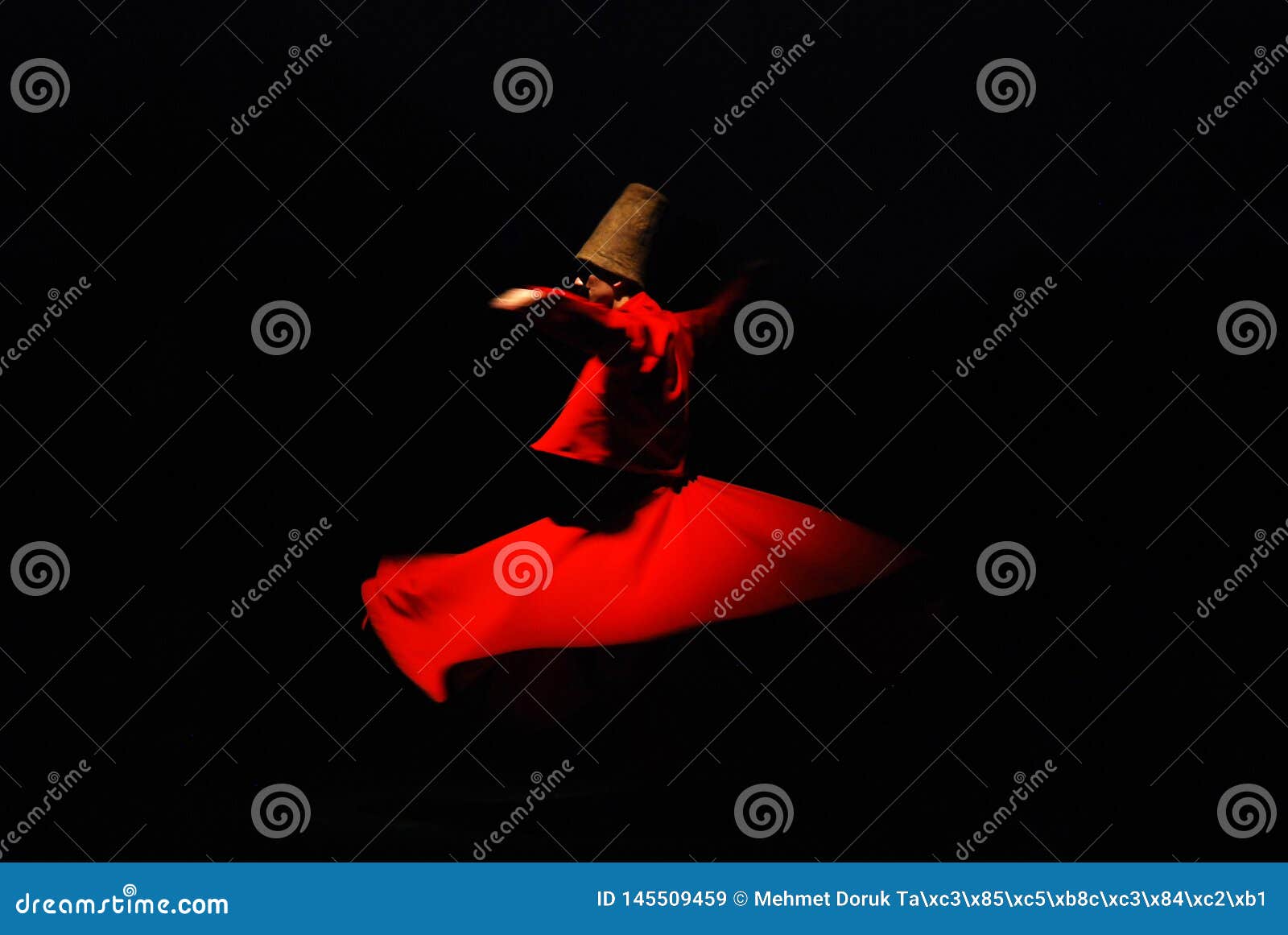 whirling dervish on black background in red costume