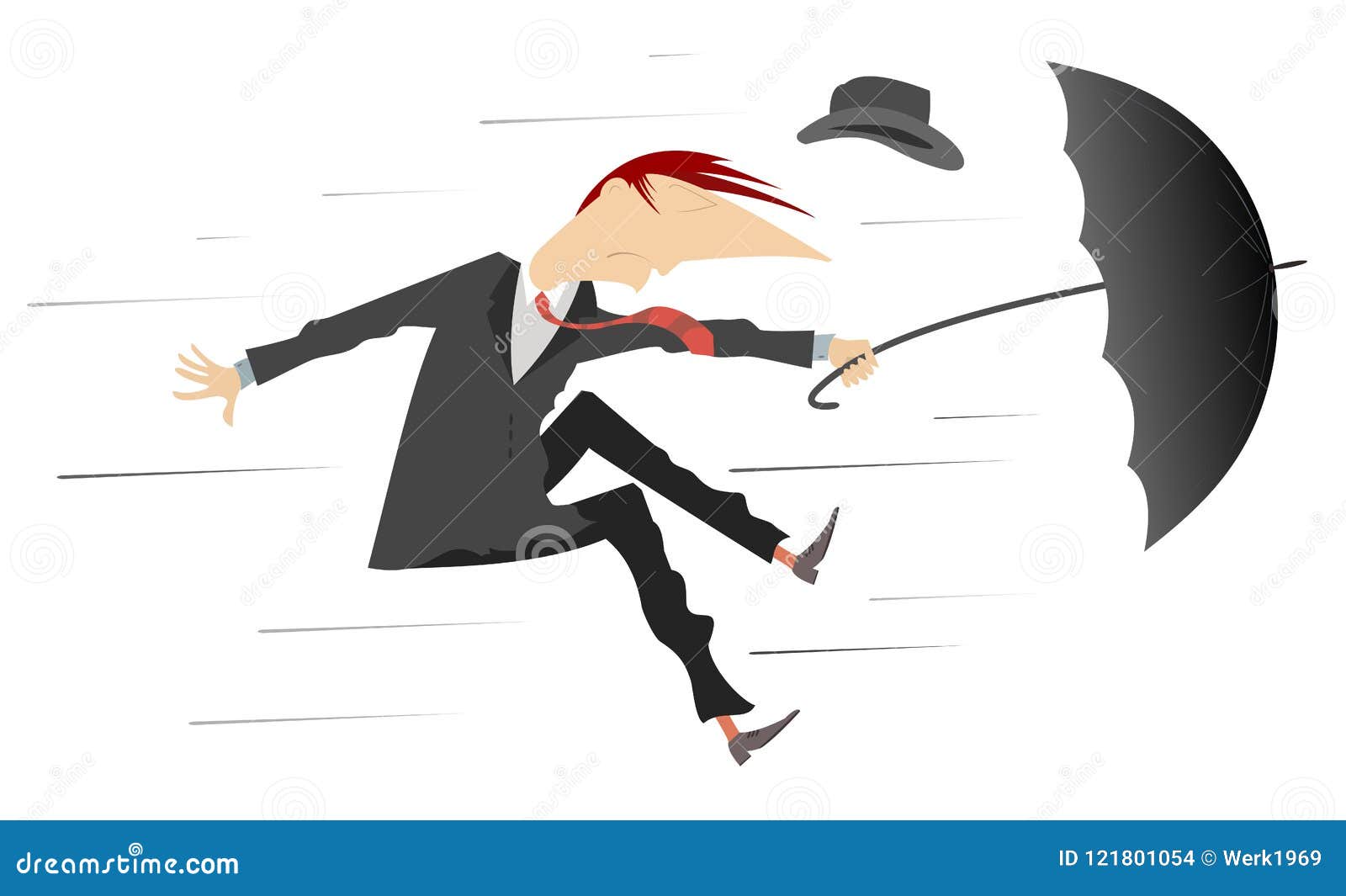  Strong  Wind  And Man With Hat And Umbrella Isolated 