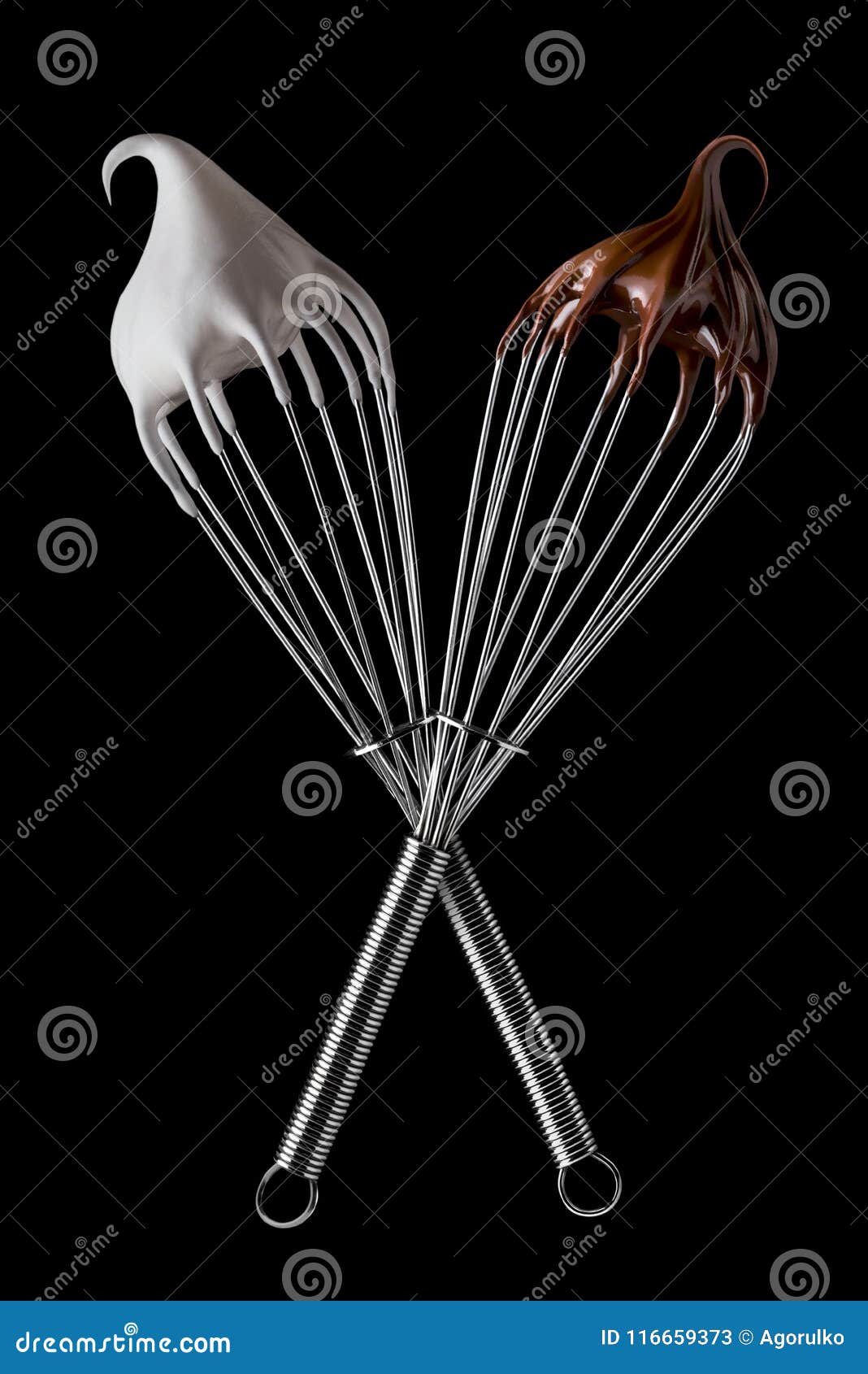 Whisk with Meringue Cream and Melted Chocolate Isolated on White Stock