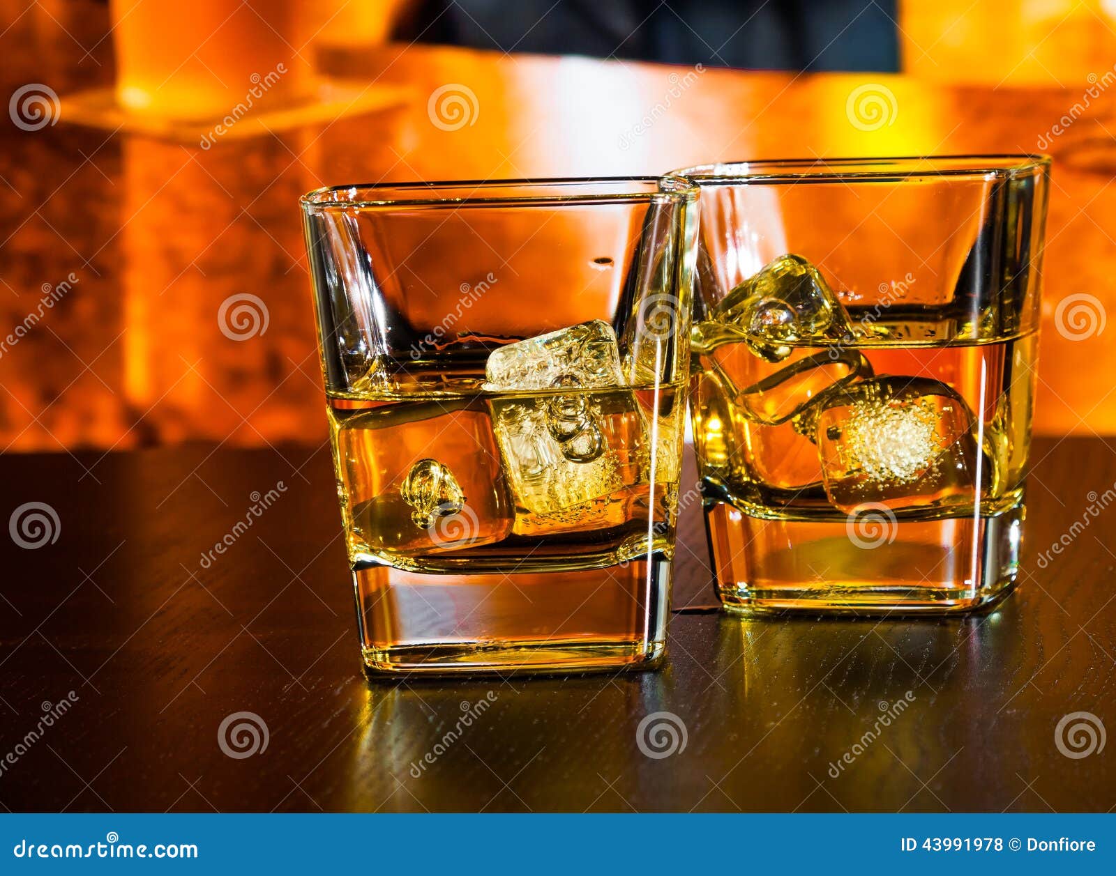 Whiskey on Bar Table with Ice on Warm Atmosphere Stock Photo Image of