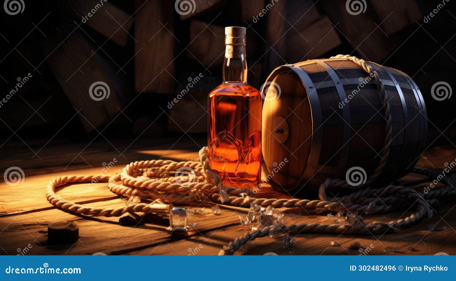 Whiskey Bottle with Ropes and a Barrel Stock Photo Image of gold
