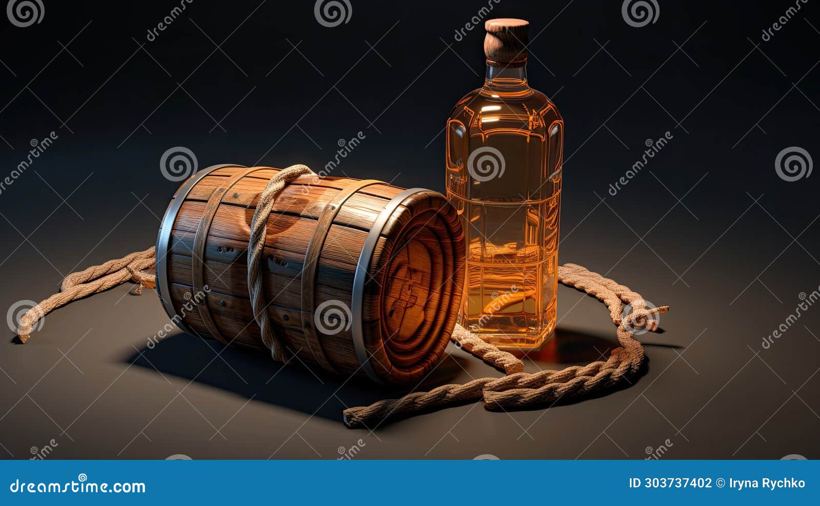 Whiskey Bottle with Ropes and a Barrel Stock Photo Image of bottle