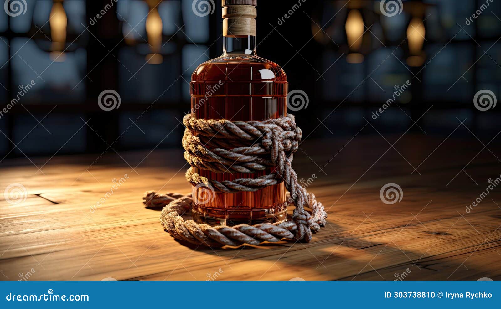Whiskey Bottle with Ropes and a Barrel Stock Photo Image of beverage
