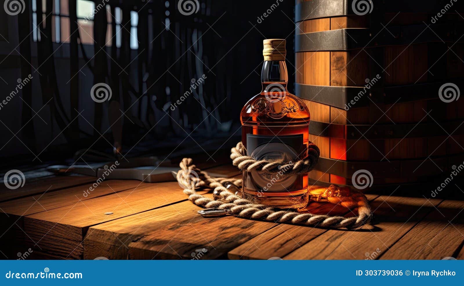 Whiskey Bottle with Ropes and a Barrel Stock Photo Image of brown