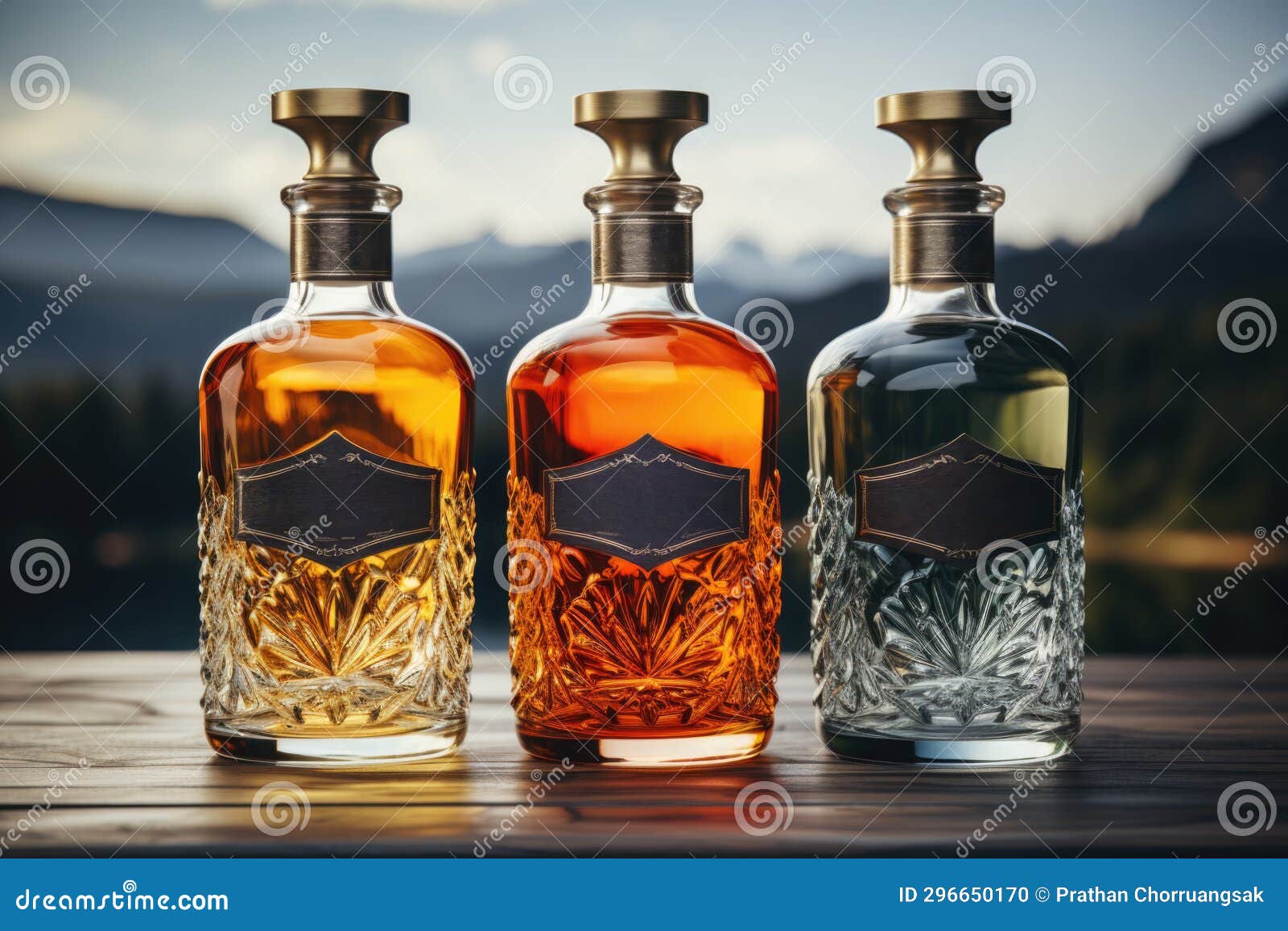 Whiskey Bottles with Blank Label on Wooden Table. AI Generated Stock