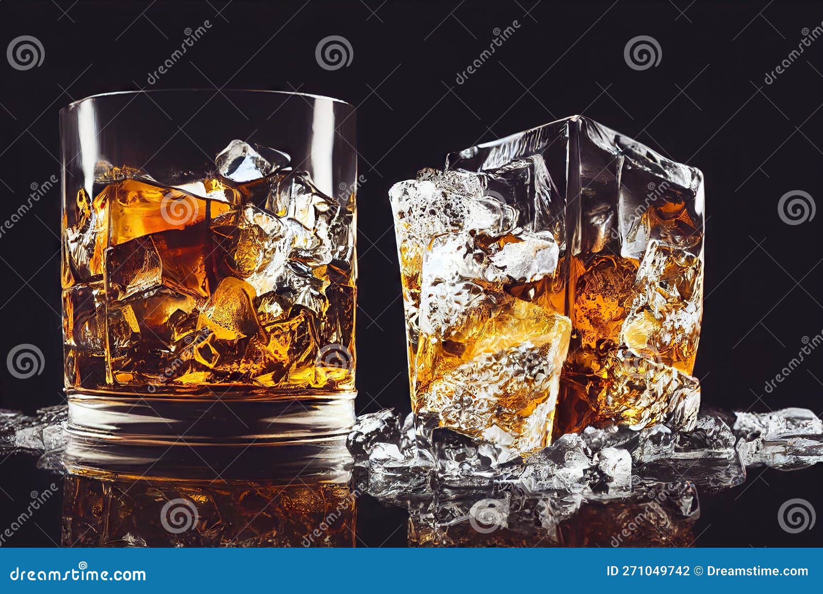 Whiskey Glass with Golden Brandy with Ice Cubes Stock Illustration