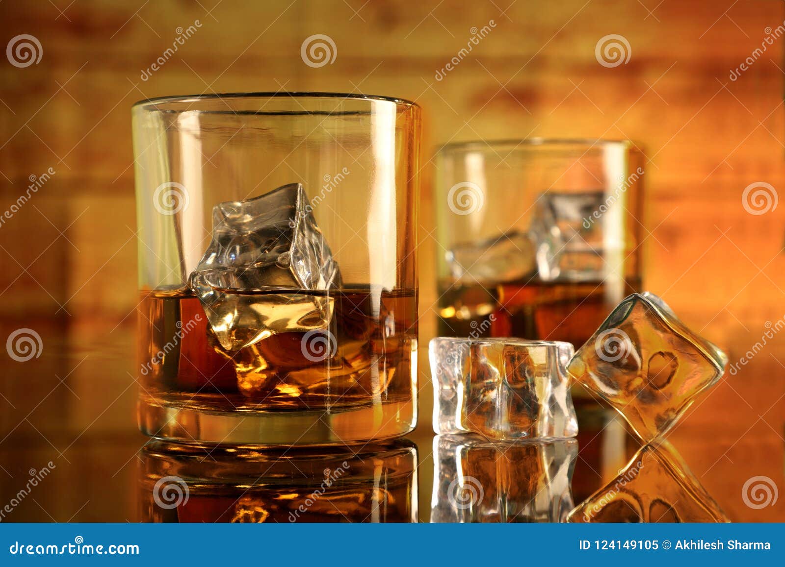 Whiskey Rum Glasses with Ice Cubes Stock Image Image of bourbon